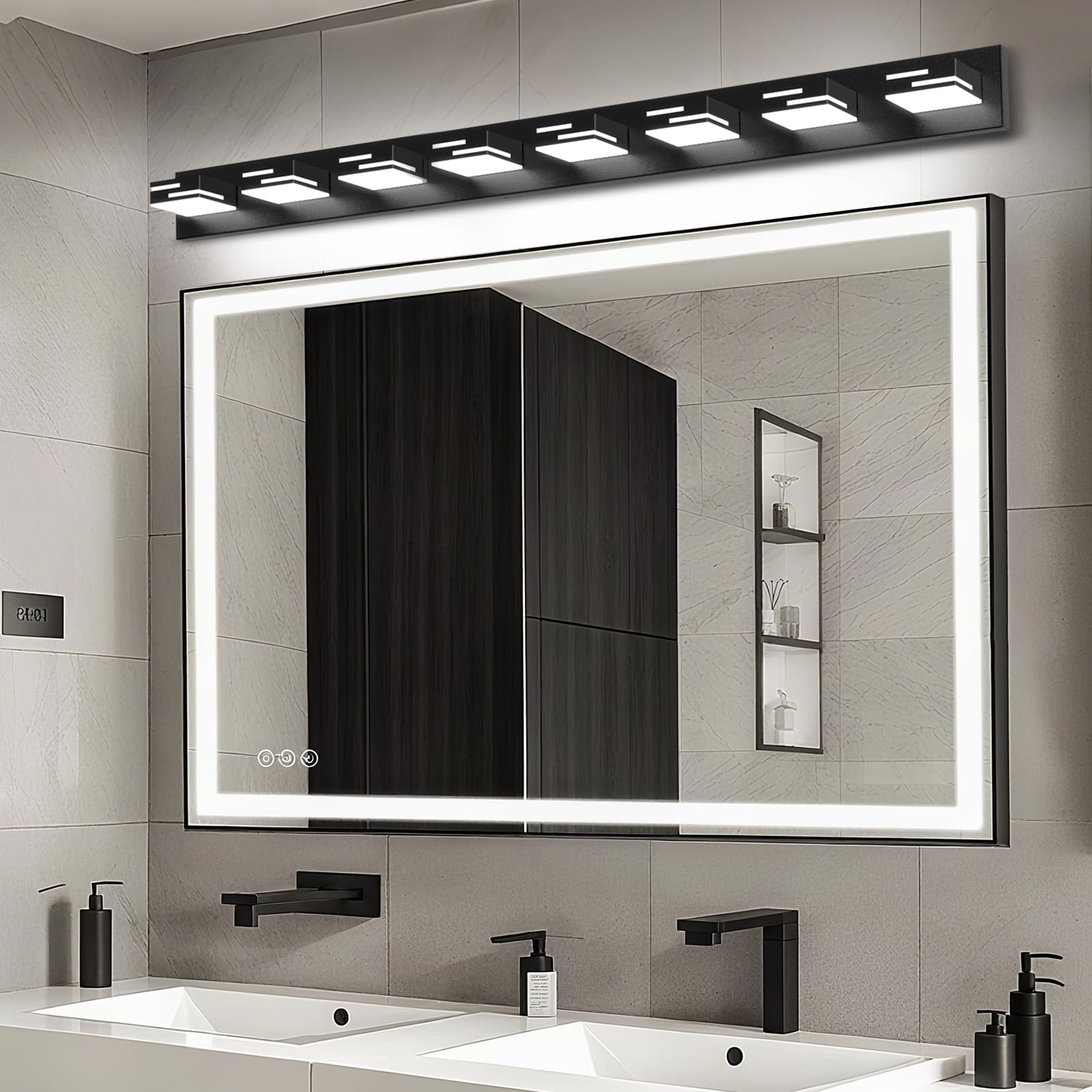 Lkhf Led Modern Bathroom Vanity Light Fixtures  8-Light 55-Inch Dimmable Matte Black Vanity Lights For Bathroom Lighting Fixtures Over Mirror  With 350?Rotatable Acrylic Heads (Cool White 6000K)