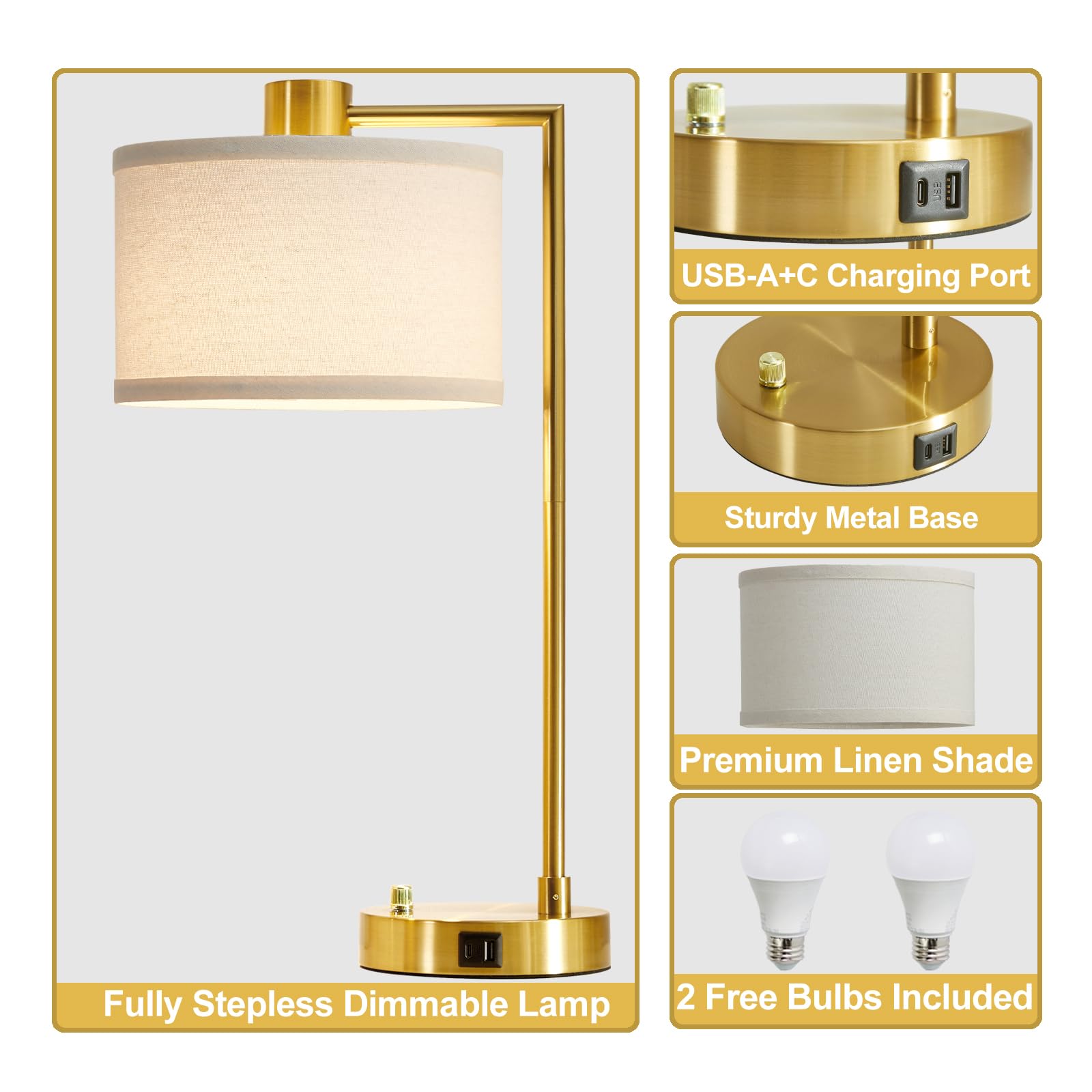 Luvkczc Table Lamp with USB C+A Ports, Fully Dimmable, Extra Large, Silver, Includes 2 LED Bulbs