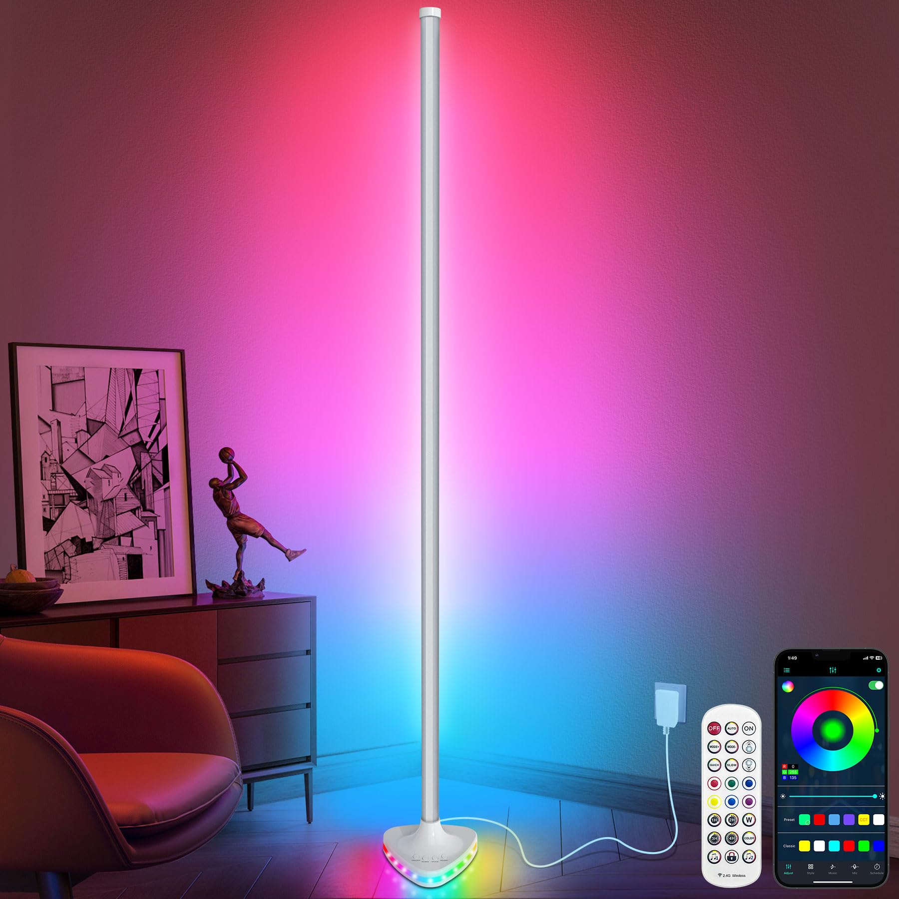 LanSuper Corner Floor Lamp,Smart RGB LED Corner Floor Lamp with Luminous Base, 21W 1800LM Super Bright Floor Lamp with APP & Rem