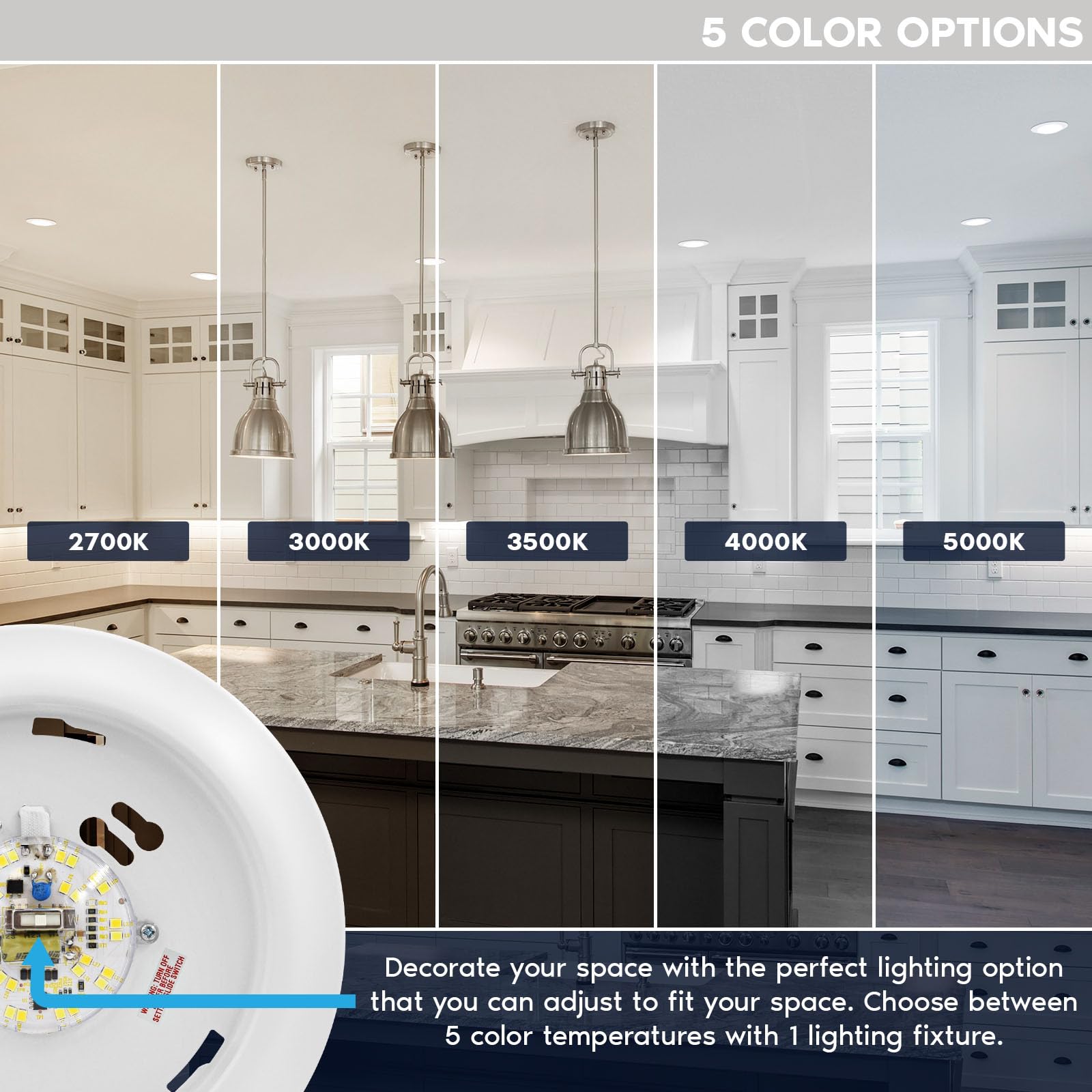 LUXRITE 6 Inch LED Disk Light, Dimmable, 12.5W, 1000LM, 5CCT Selectable, Metal, White, Model LR23870