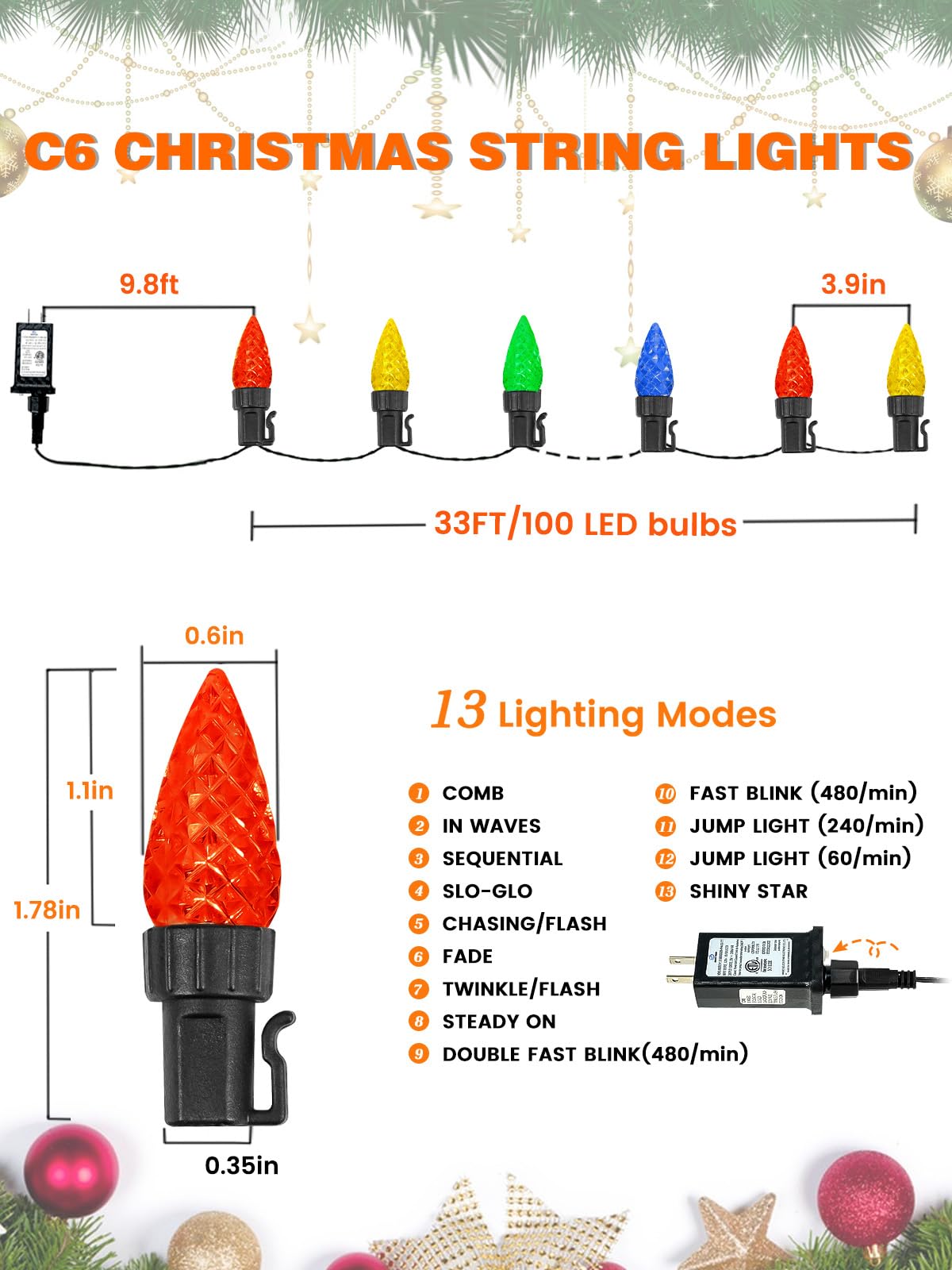 C6 Christmas Lights Outdoor Indoor  Total 100 Led 33 Ft Connectable Christmas String Lights With Timer & 13 Modes  Waterproof Twinkle Light For Xmas Tree Party Porches Wedding Decorations (Multicolor)