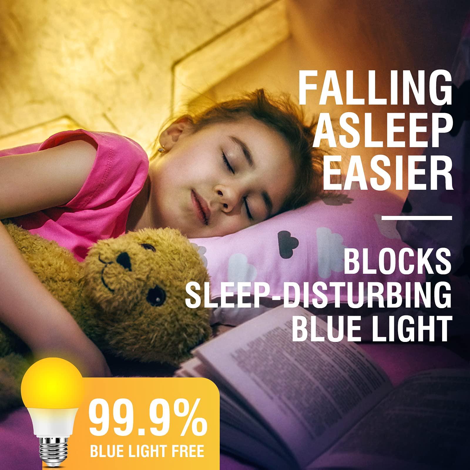 Neporal Amber Light Bulbs, 9W A19 Soft Light, Blue Light Blocking, 3 Pack, 1800K Night Light for Sleep & Nursery