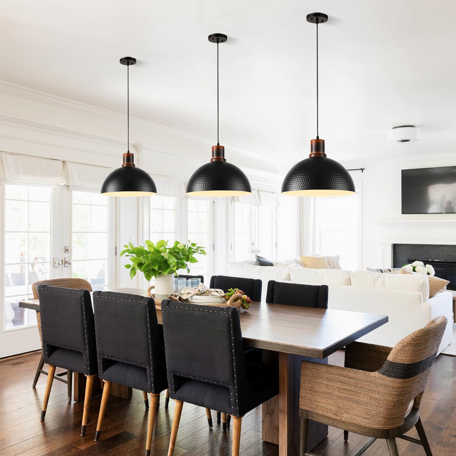 Mgcanyu 2 Pack Solid Wood Pendant Lights, 16" Black Metal Dome Ceiling Fixture for Kitchen Island, Farmhouse Dining Room