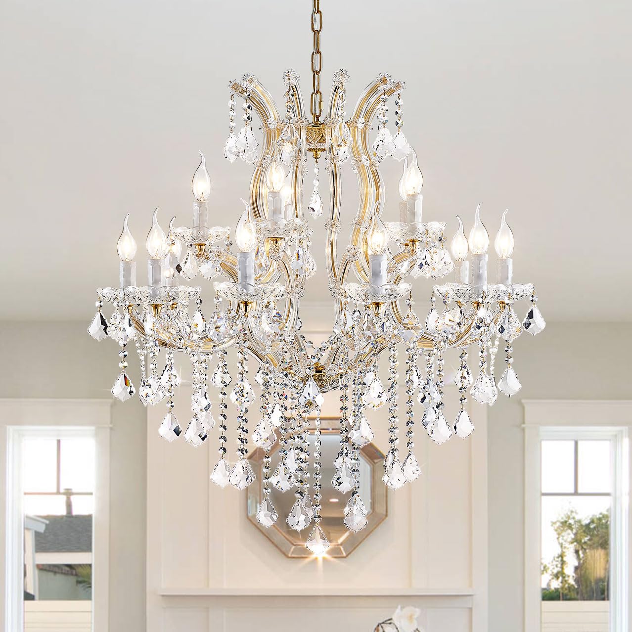 TMAFON Modern Gold Chandelier Light Fixture - Large Maria Theresa Crystal Chandeliers for Dining Room  Kitchen Island  Living Room  Bedroom  15 Lights  2 Layers