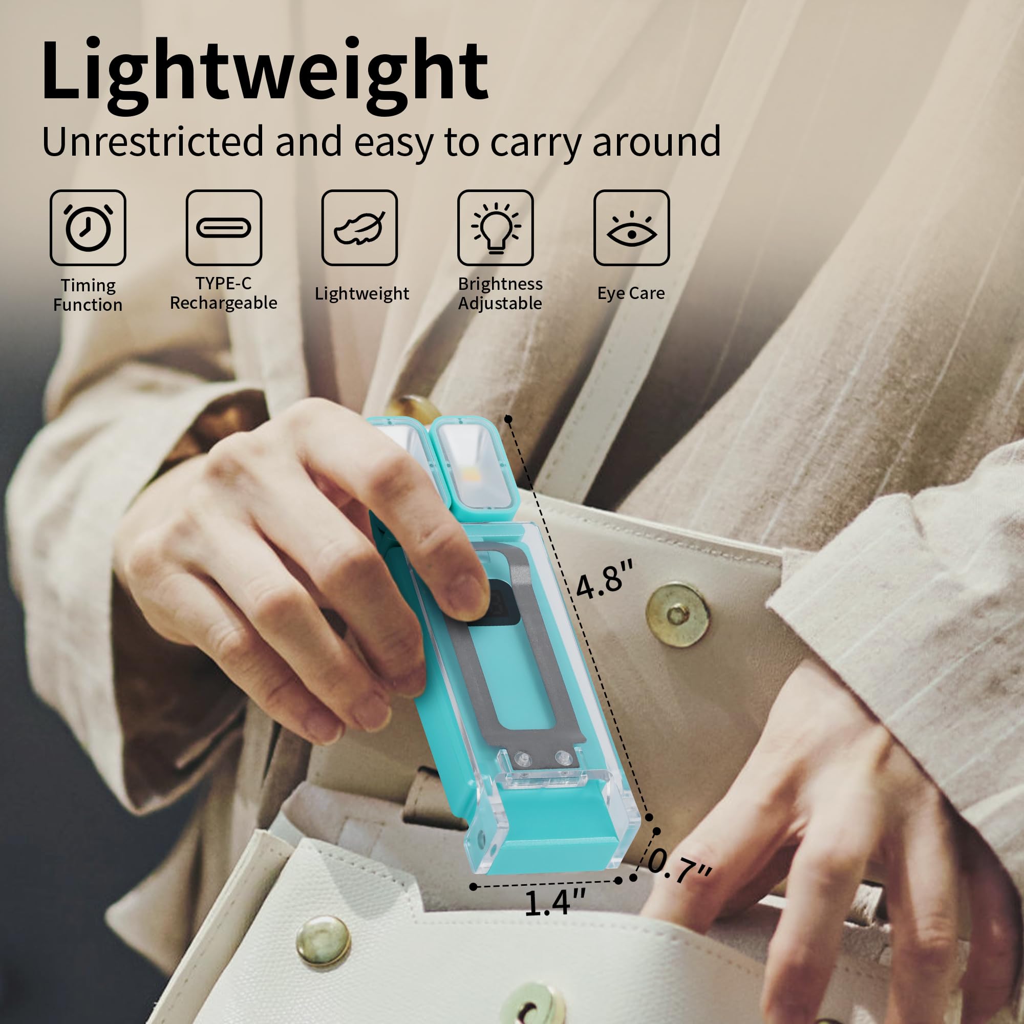 Dott Arts Dual-Head LED Book Light, Rechargeable, 5 Colors, 6 Brightness Levels, Timer Function, Cyan, Model WLM123-BLA-1W-05