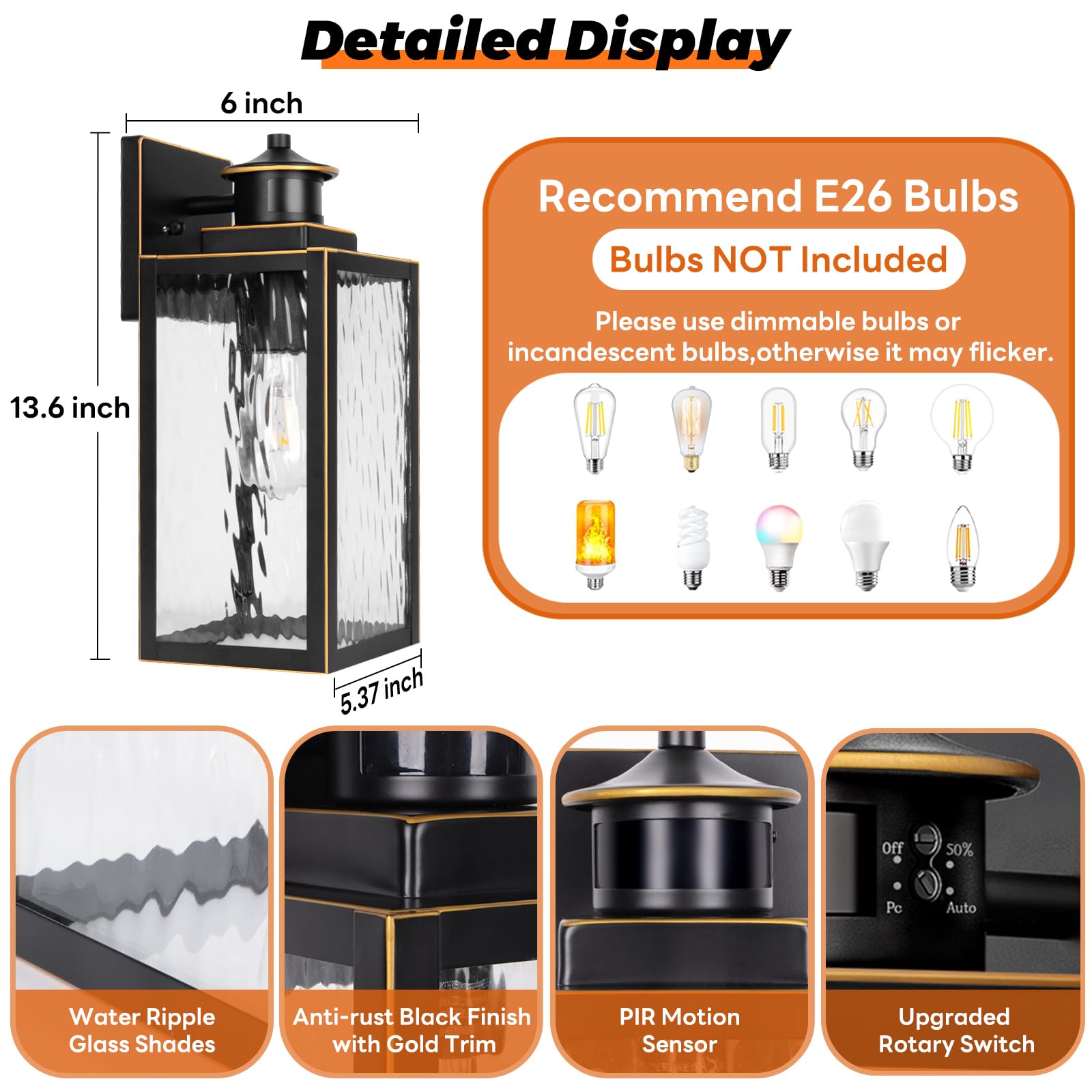 13.6'' Motion Sensor Outdoor Wall Sconce Lantern, Exterior Waterproof Wall Lights Fixture With Water-Rippled Glass, Bronze Outsi