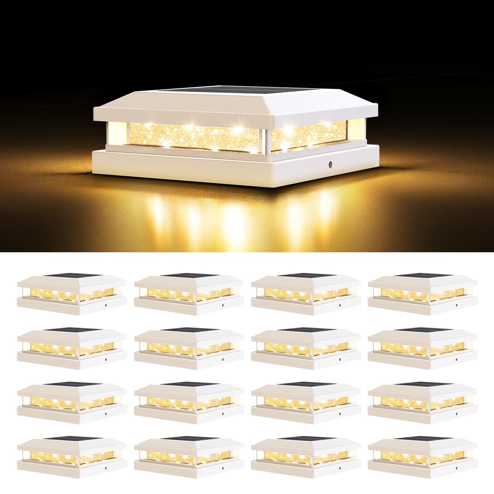 Solar Post Cap Lights Outdoor 16 Packs For 4X4 4.5X4.5 5X5 Vinyl/Wooden Posts  Waterproof Solar Powered Fence Cap Light With Warm/Cool Lighting  White 16Leds Deck Caps Lights For Yard  Garden  Patio