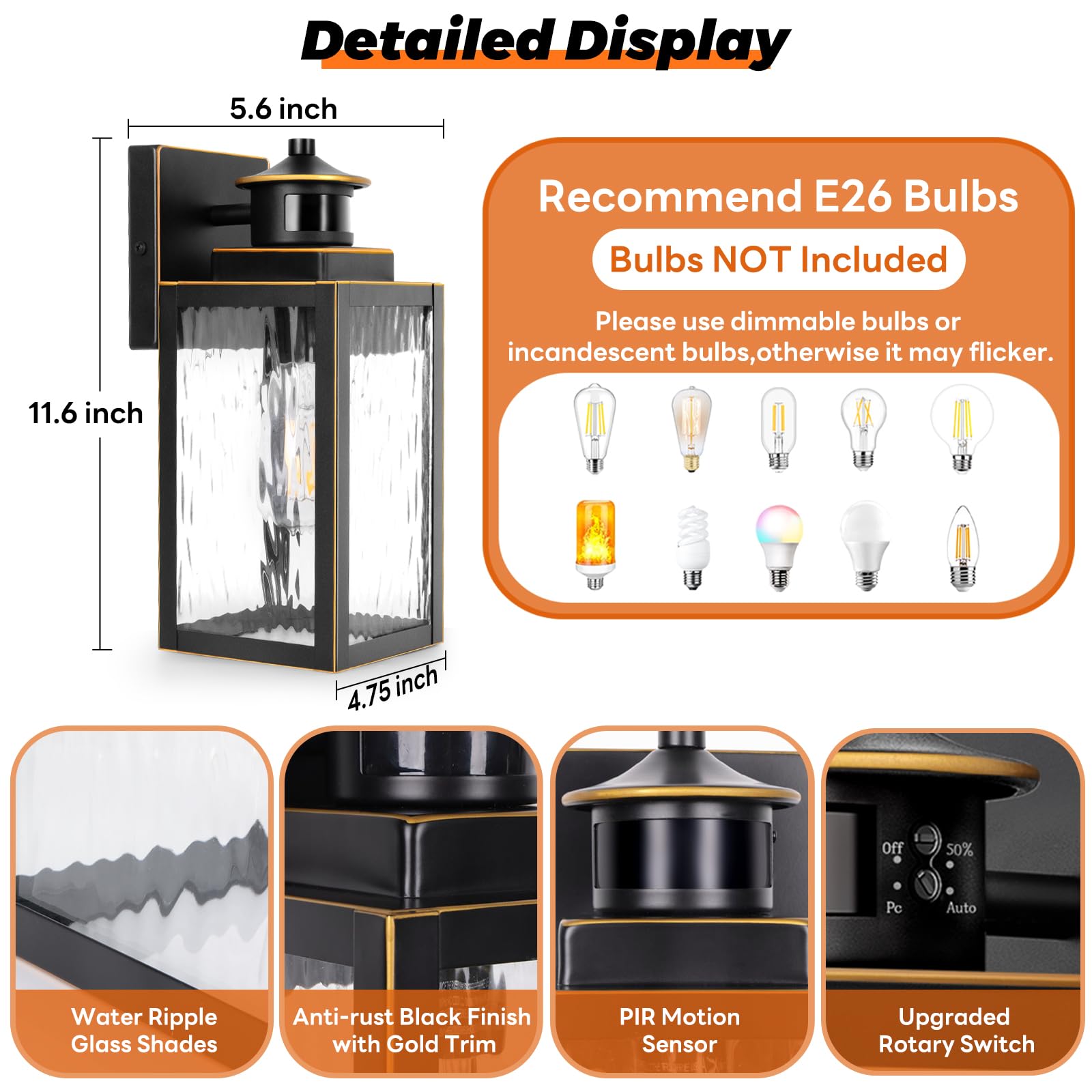 11.6'' Motion Sensor Outdoor Wall Lights, Waterproof Exterior Lighting Fixtures With Water-Rippled Glass, Bronze Modern Outside