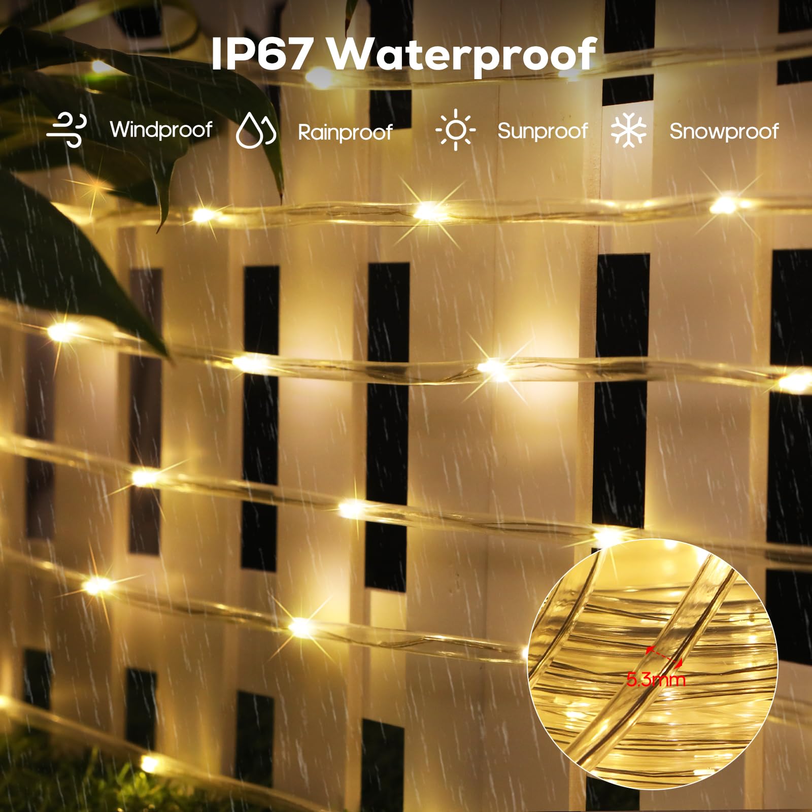ICRGB Solar Rope Lights, 66FT 200 LED, IP67 Waterproof, 8 Modes, Warm White, Model Solar - 3, Decorative for Outdoor Use