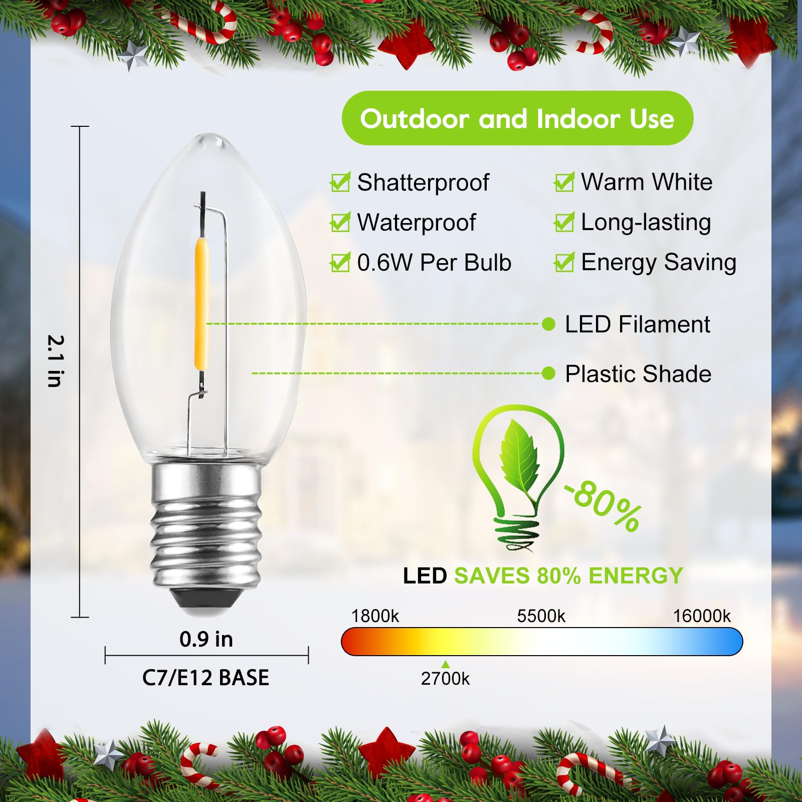 Brightown 50 Pack C7 Led Christmas Light Bulbs, Plastic C7 Replacement Bulbs, E12 Candelabra Base Commercial Dimmable Holiday Bu