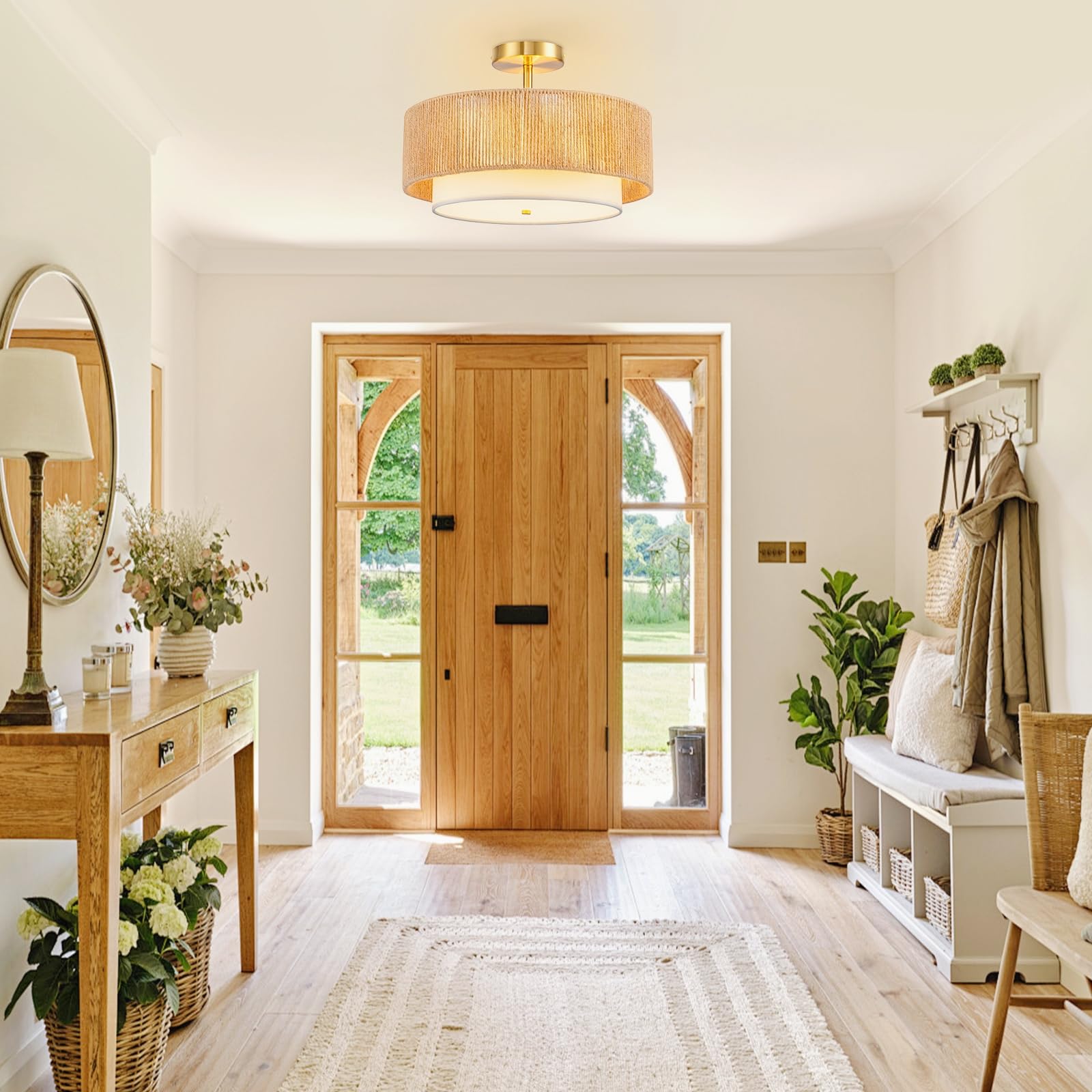 SineRise Rattan Flush Mount Ceiling Light Fixture, 16in  Large, Gold, Boho Design, 2-Tier Drum for Living Room, Kitchen, Bedroom