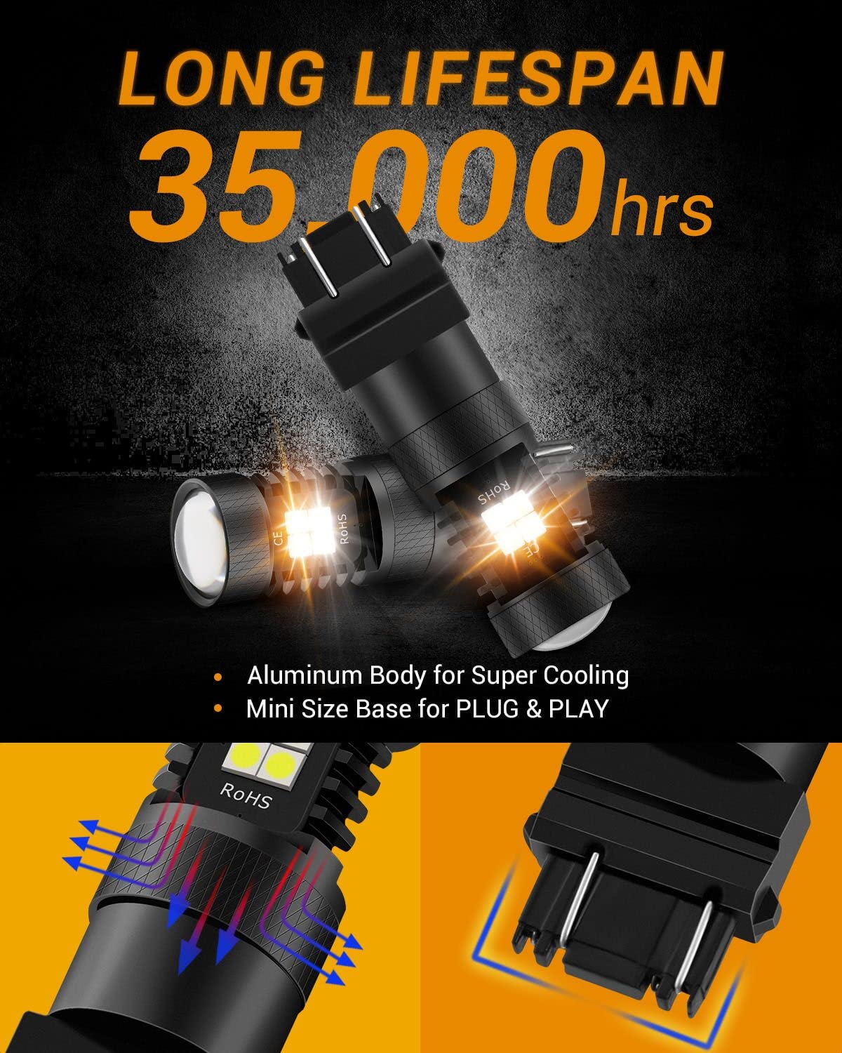 Auxbeam 3157 LED Bulbs P27/5W, Dual Color White & Amber, Aluminum, 300% Brighter, Model 16-3030SMDWY-5W-