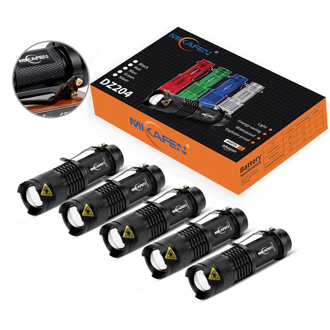 MIKAFEN Mini Flashlights 5 Pack - 300lm LED Adjustable Focus, Black, Model DZ204, Aluminum