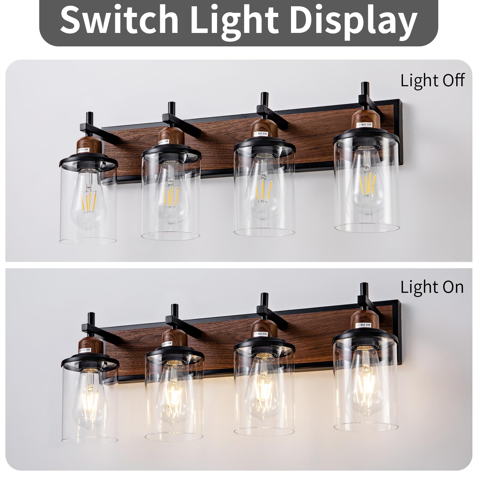 Lanhall 3-Light Farmhouse Bathroom Light Fixtures Vintage Vanity Lights Over Mirror Black And Wood Painted Metal Vanity Light Wi