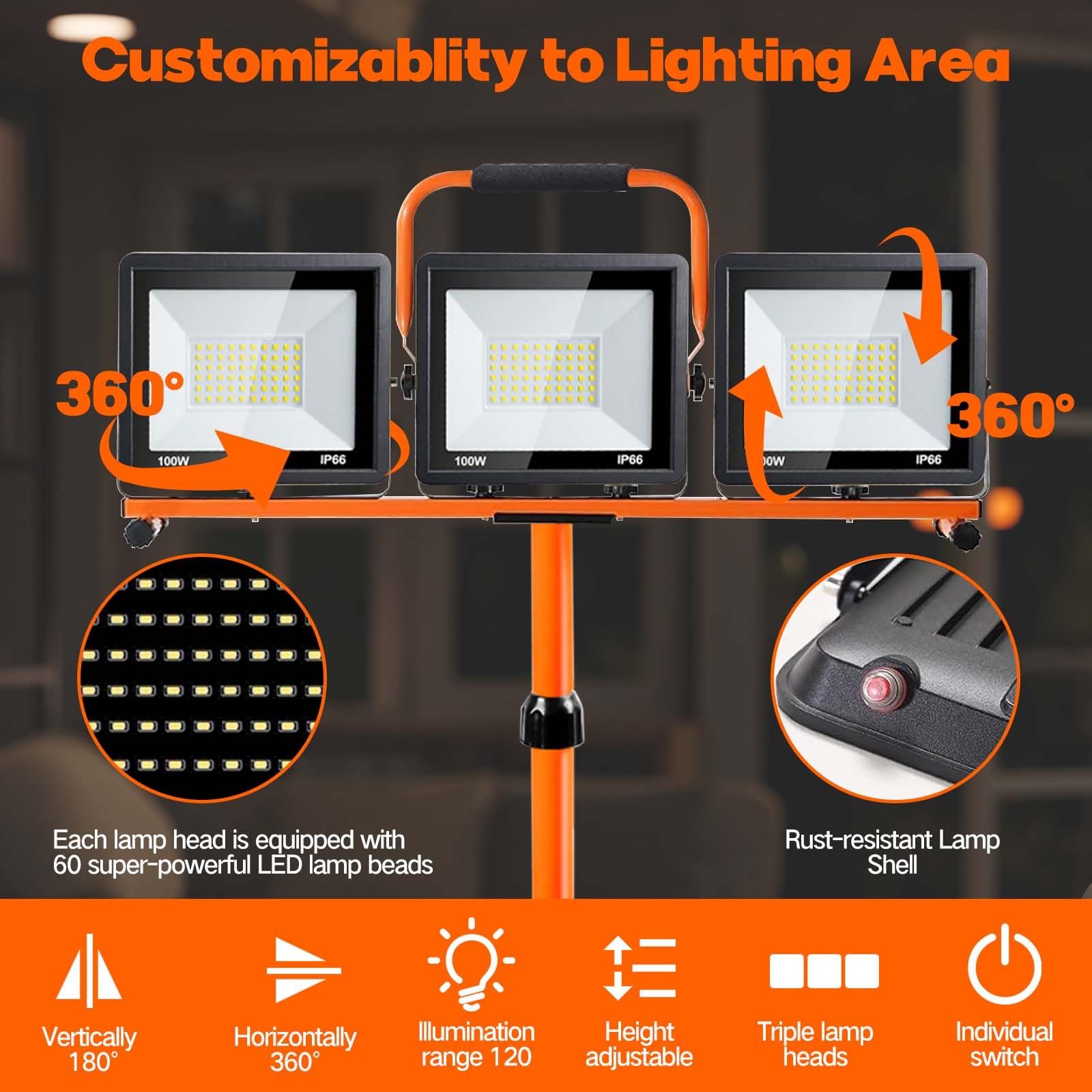 HOHOMETIC 21000 Lumen LED Work Light with 3 Adjustable Heads, Waterproof, Stainless Steel, Orange, Model WLWS-01