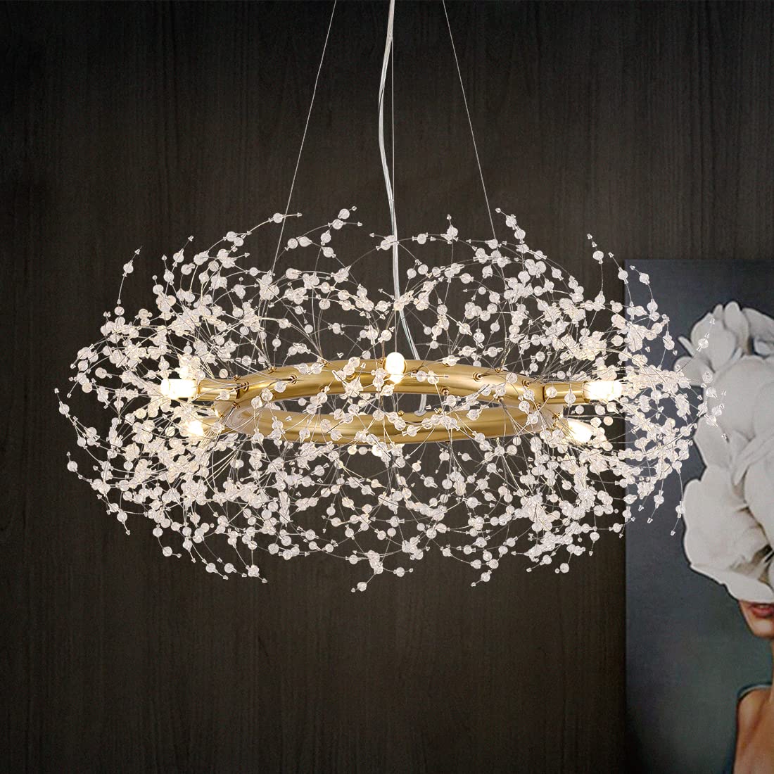 Macarena Gold Crystal Chandelier Firework,Modern Large Round Chandeliers Light Fixture Circle Pendant Hanging Lighting for Dinni