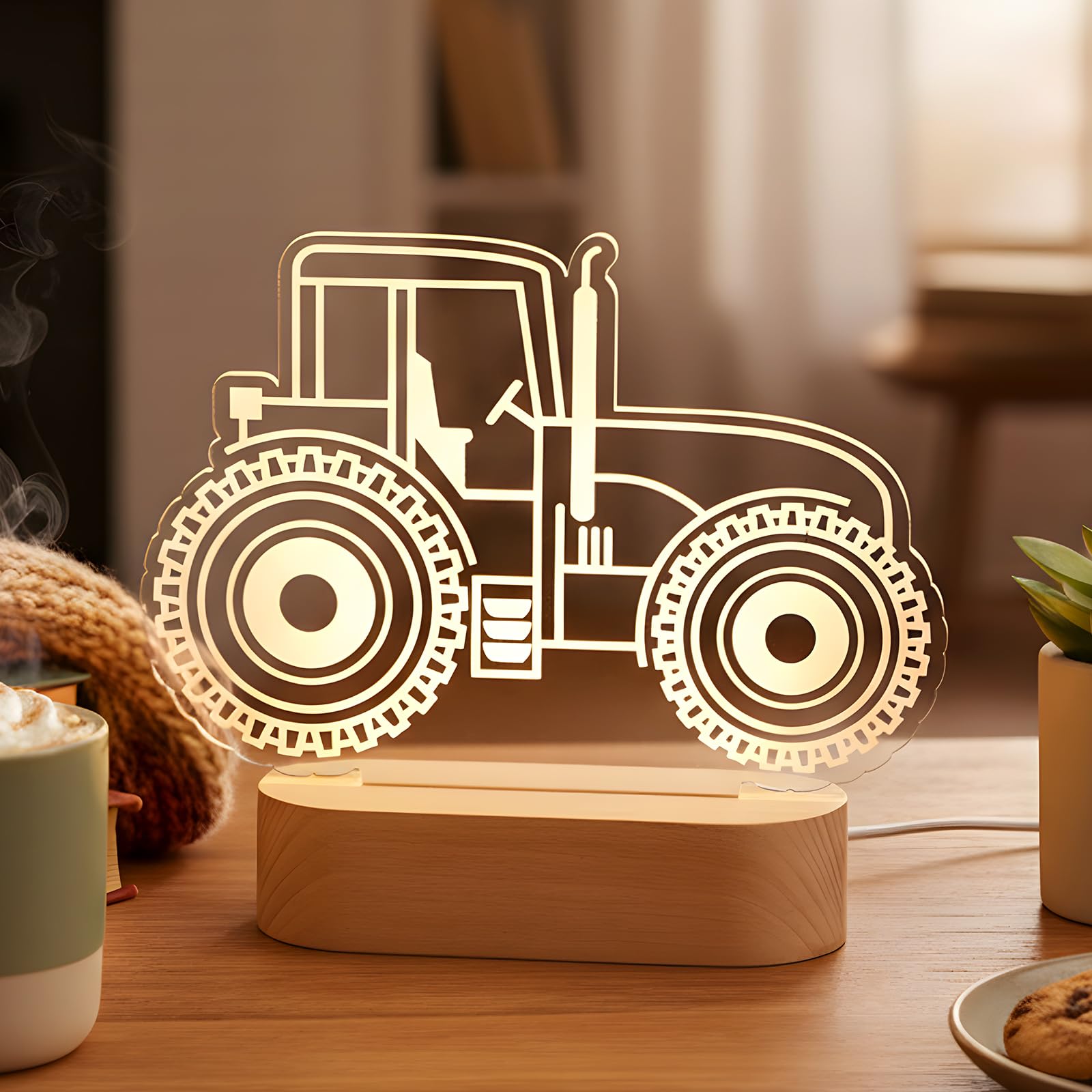 Dreyoo Tractor Christmas Night LED Light Acrylic Cute Nursery Night Lamp Xmas Bedside Lamp Decor Christmas Funny Gifts for Girls