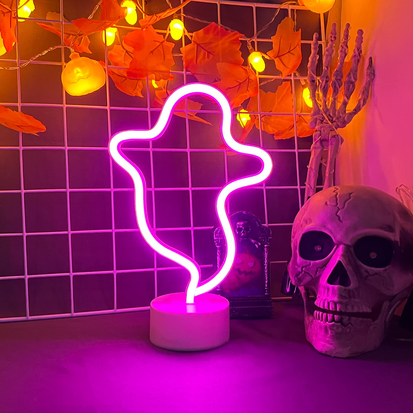 BerniceKelly Halloween Ghost Neon Sign - LED Light, 6.89inx0.67inx11.42in, Vinyl, Battery/USB Powered, Pink, Model AX-451