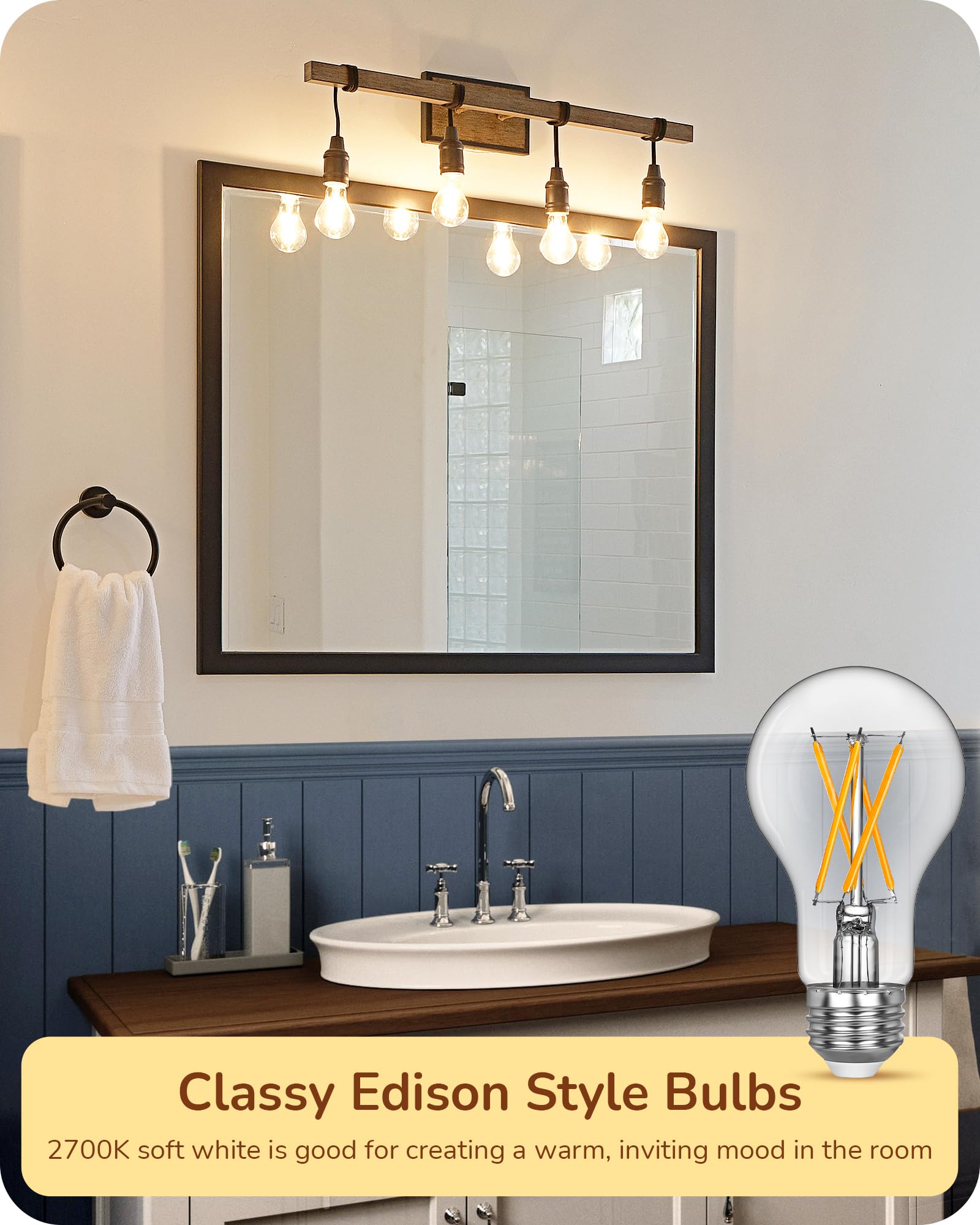 EDISHINE Vintage LED Edison Bulbs, 6 Pack, Dimmable A19, 800LM, 2700K Warm White, E26 Base, Decorative Antique Glass Filament