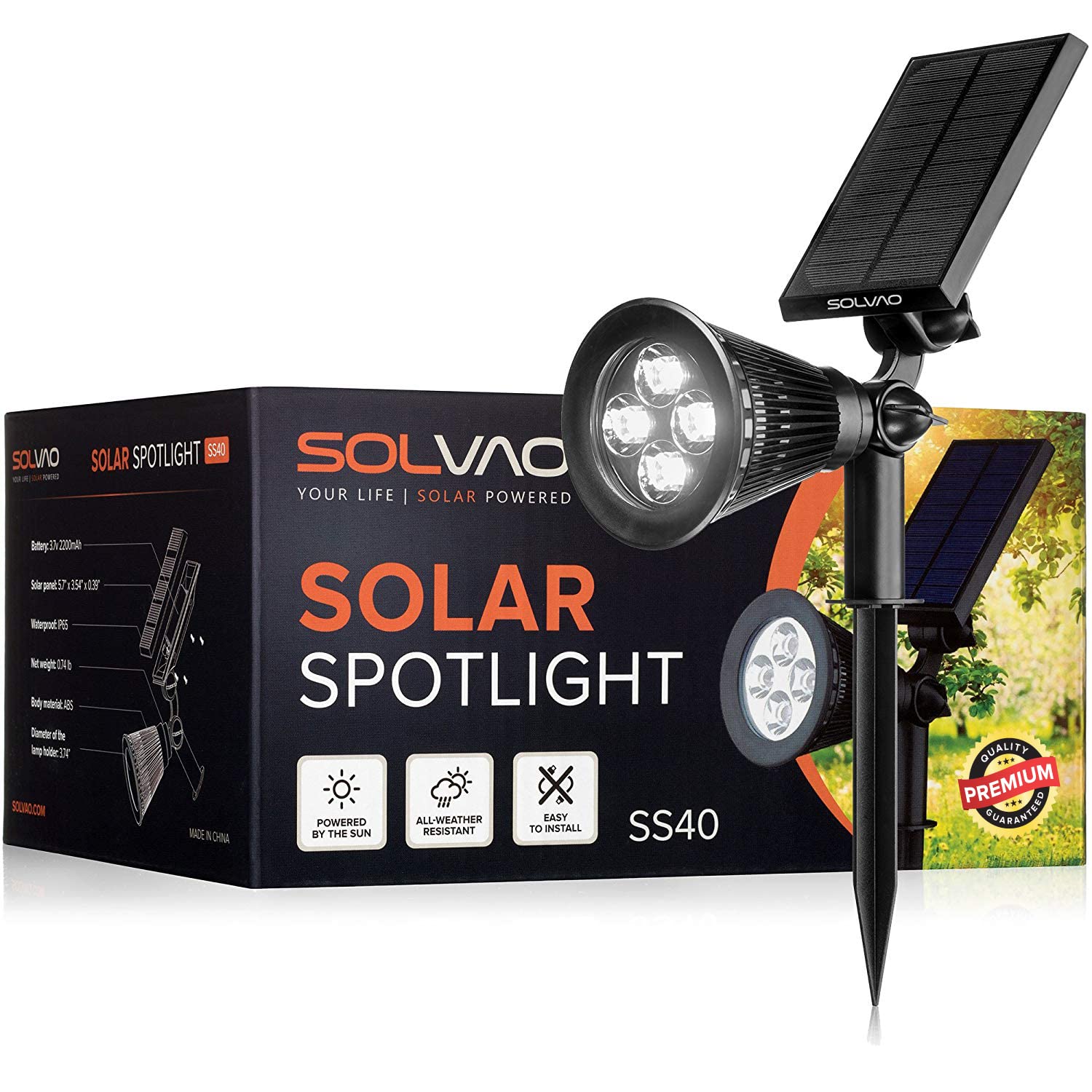 SOLVAO Solar Spotlight | 200 Lumen Ultra Bright | Waterproof, Adjustable 270 | Flag Pole, Outdoor, Landscape, Yard, Driveway | A