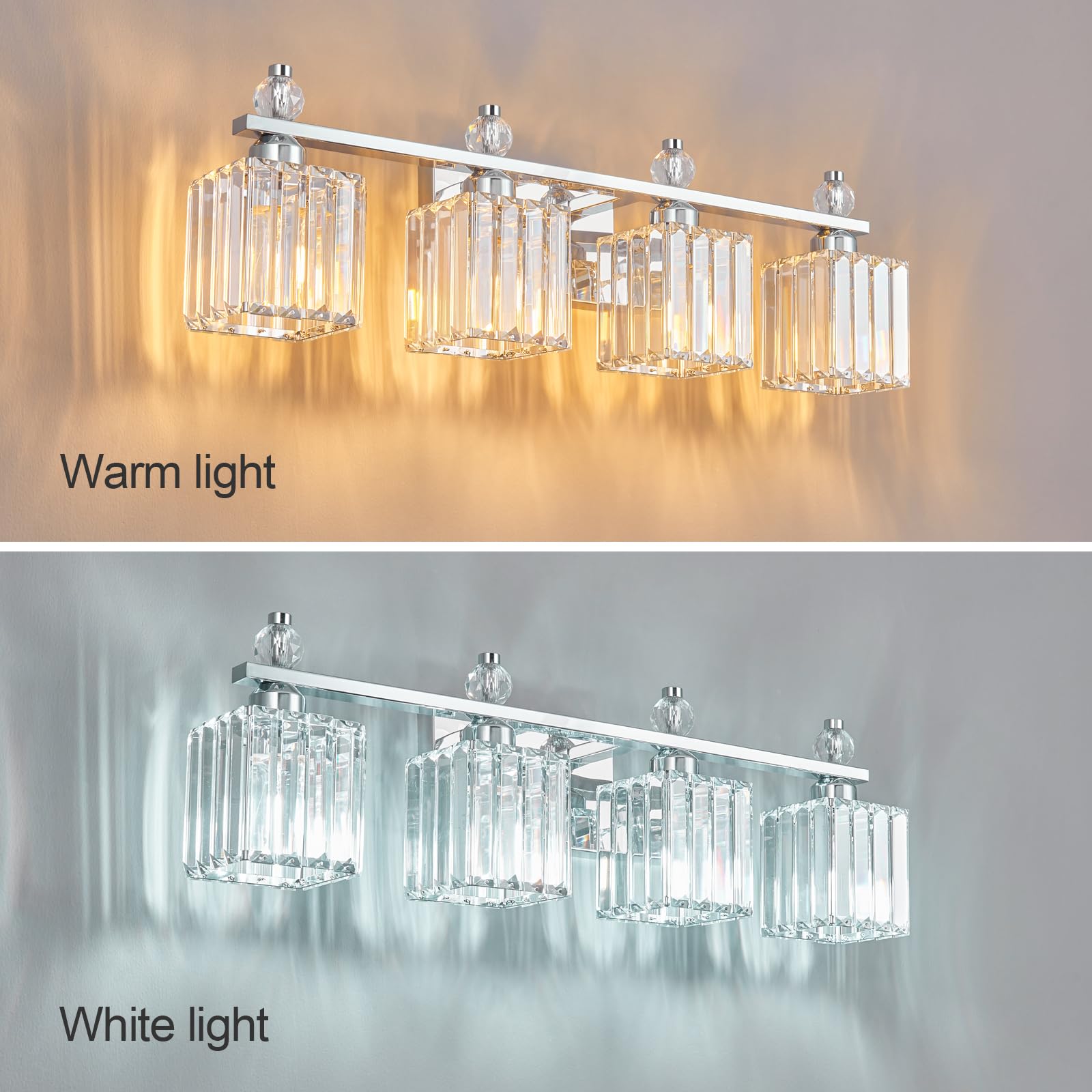 FDPBY 4-Light Crystal Vanity Light Fixtures, Chrome Square, Model 290, Metal Bathroom Lighting Over Mirror