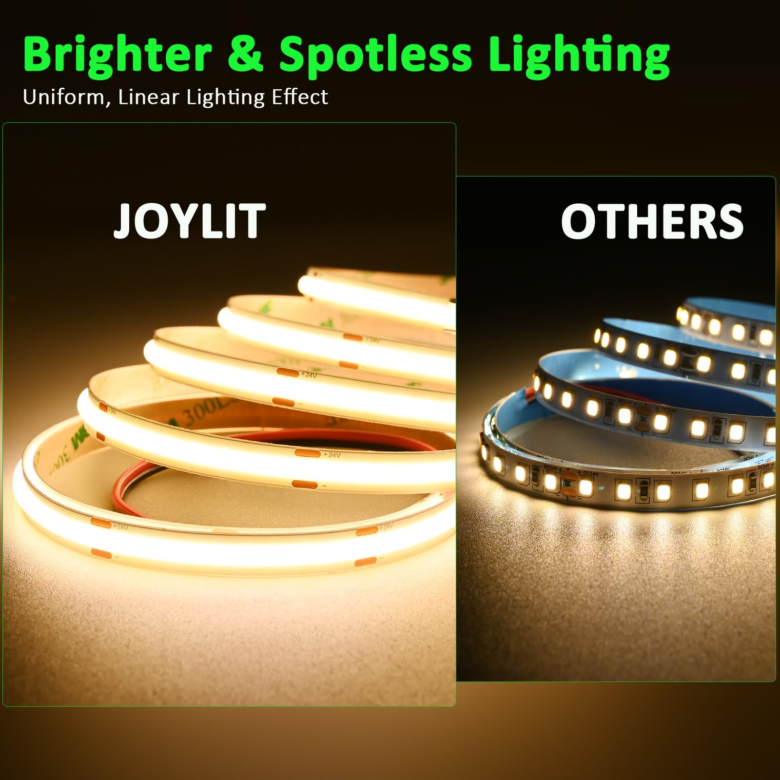 Joylit 49.2Ft/15M Cob Led Strip Lights 24V 3000K Warm White Indoor, 480Leds/M High Density Spotless Cri 90+ Dimmable Flexible Ta