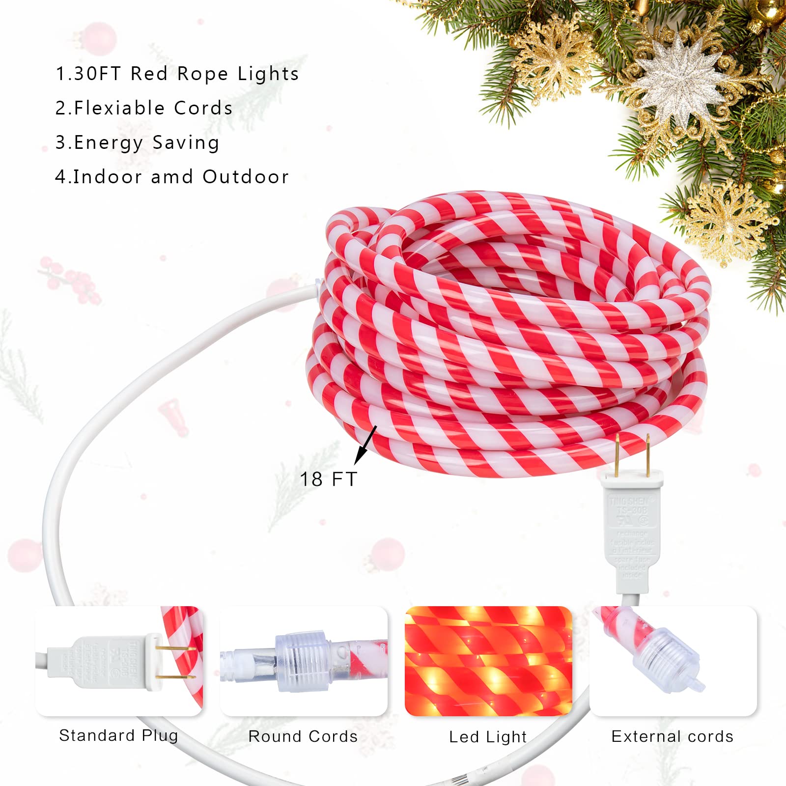Vigdur Christmas Candy Cane Rope Lights - 33FT 360 LEDs Rope Lights Outdoor Waterproof Decorative Christmas Lights for Holiday P