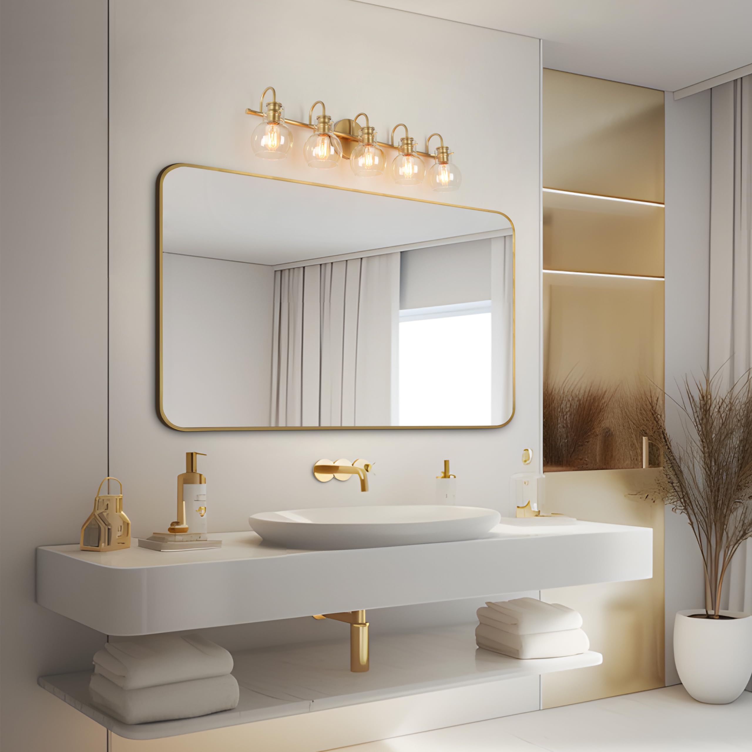 Ksana Bathroom Vanity Light, 5-Light Large Gold Wall Light Fixtures, Modern Vanity Lights Over Mirror With Globe Clear Glass Sha
