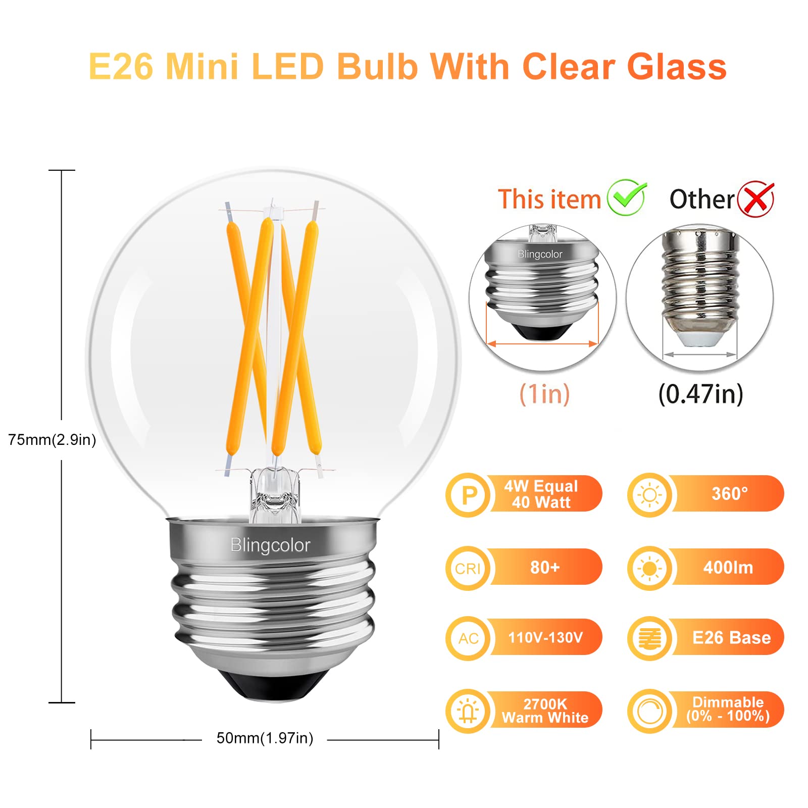 Dimmable E26 Led Bulb 4W Equal E26 40 Watt Light Bulb, 6 Pack G16.5 Light Bulbs Warm White 2700K, 4W Led Globe Small Light Bulbs