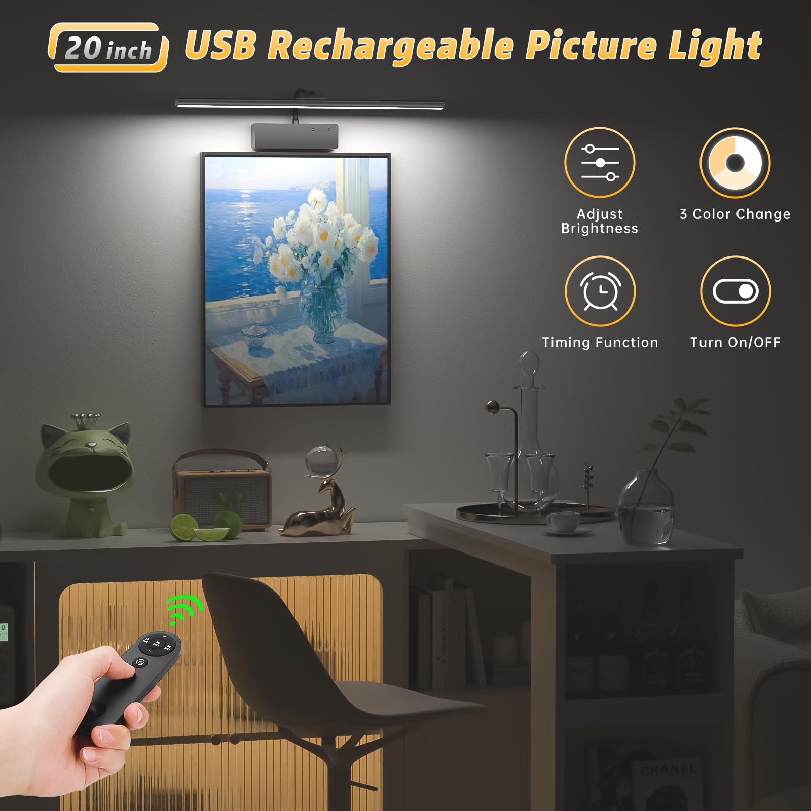 Picture Light With Remote, 20Inch Wireless Rechargeable Battery Wall Light For Paintings, 3 Colors Paintings Light Dimmable And Timer Metal Art Light For Display, Wall, Artwork, Gallery (Black)