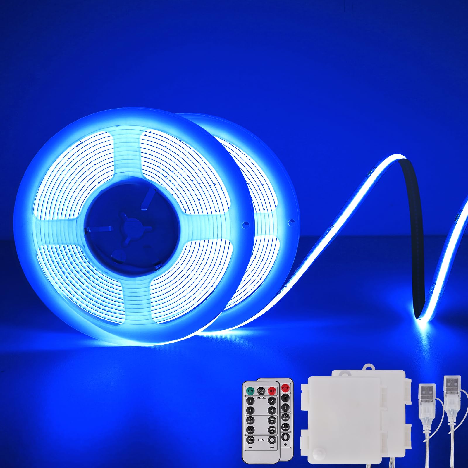 Blue COB LED Band Lights Battery Powered with Remote  6.56FT 640LED Light Band Dimmable Cuttable Flexible Wireless LED Tape Light for DIY Display  Back Light Design  Kitchen  Boat  Car Decoration