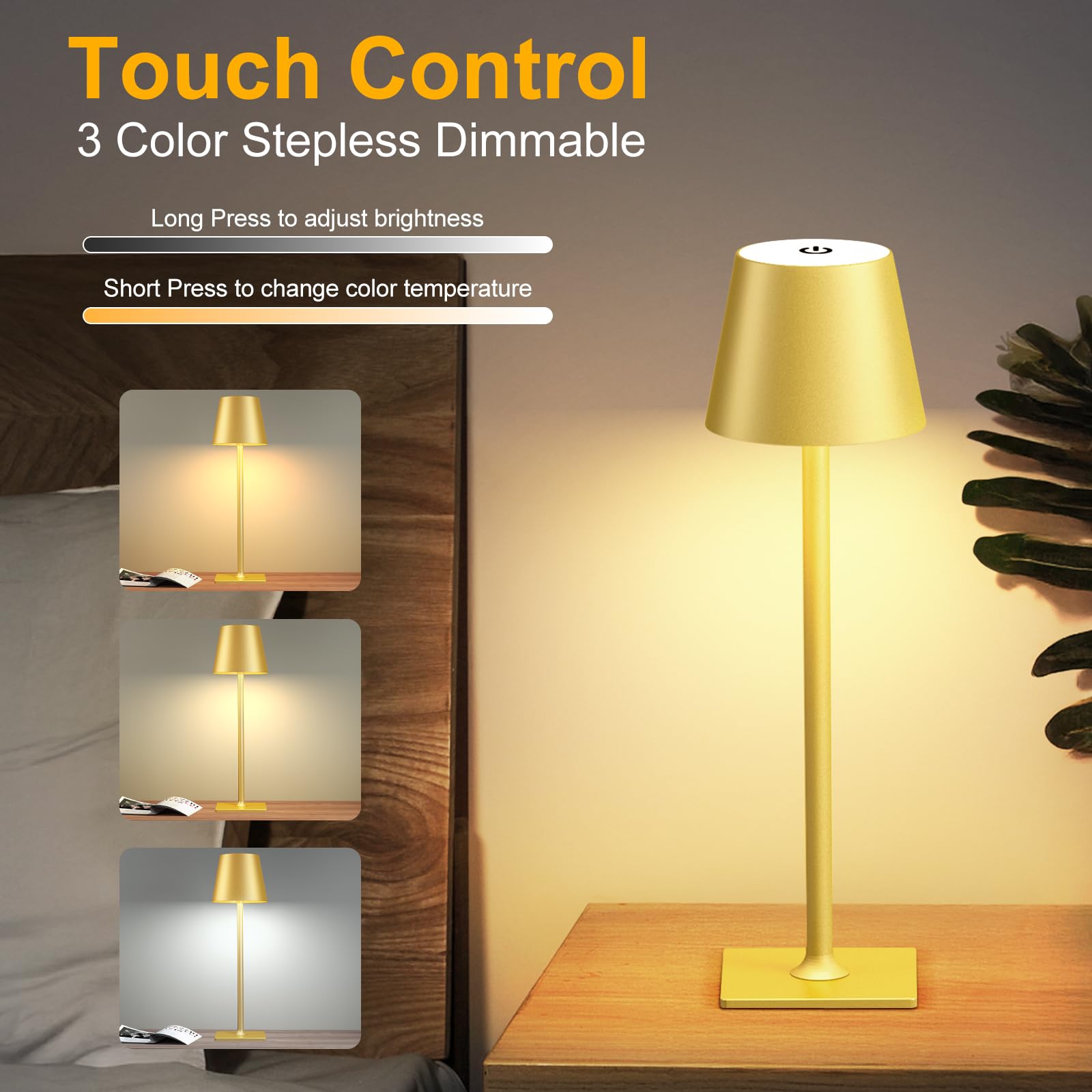 2 Pack Gold Cordless Table Lamp: 6000Mah Battery Operated Touch Lamp Outdoor Table Lights, 3 Color Stepless Dimming, Waterproof