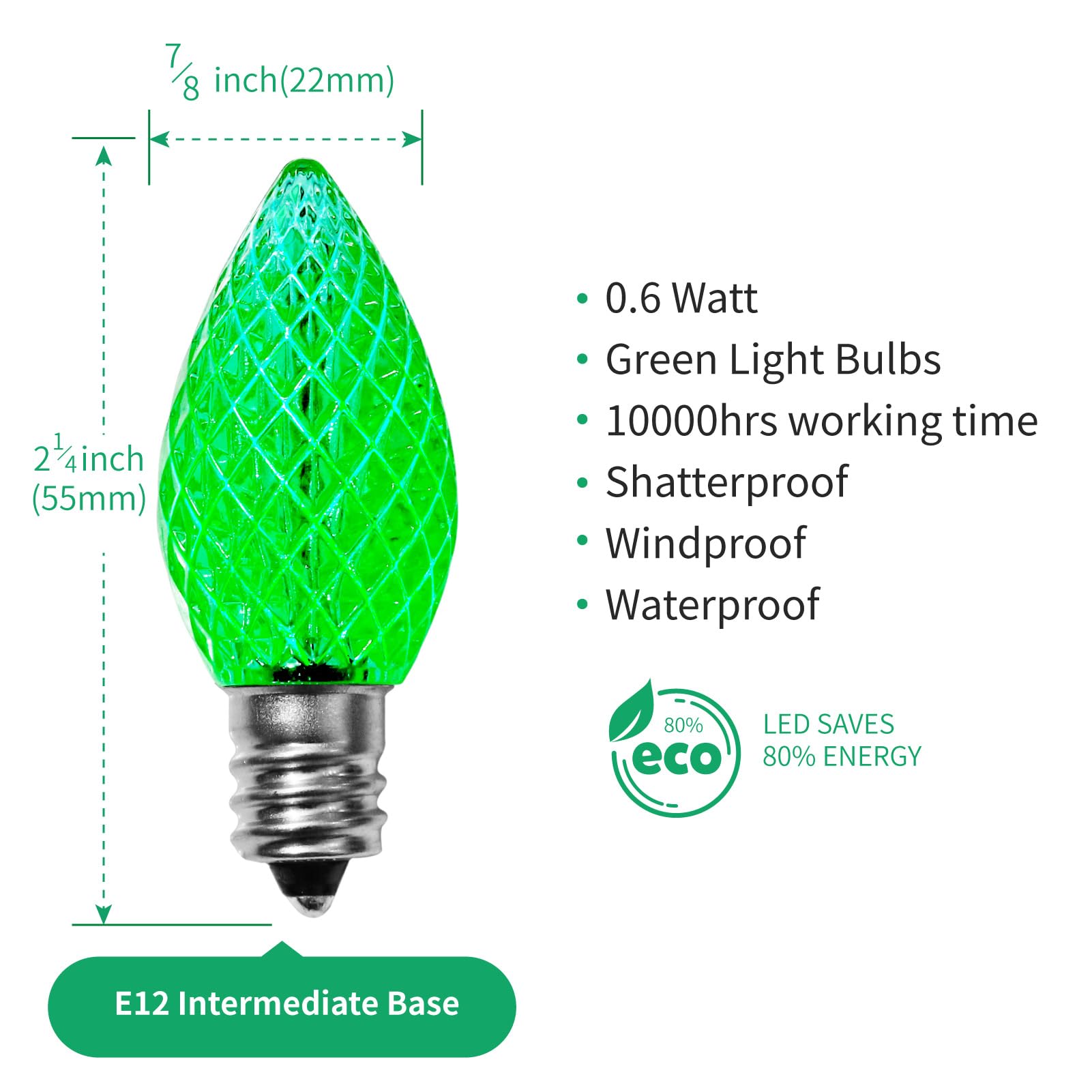 Meconard C7 LED Christmas Light Bulbs, Shatterproof, E12 Base, Green, 25 Pack, Commercial Grade