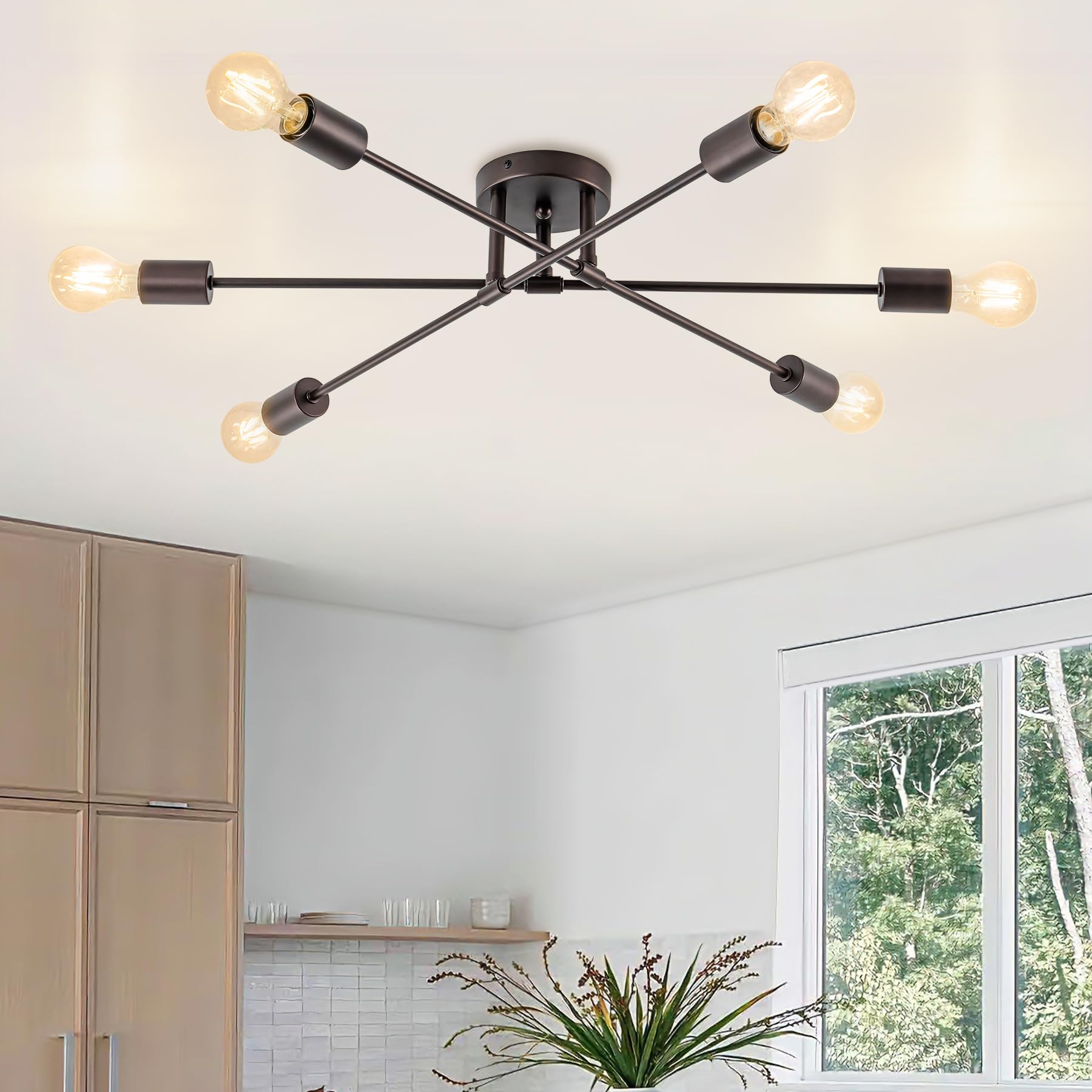 Brknit 6-Light Sputnik Chandeliers, Oil Rubbed Bronze Modern Semi Flush Mount Ceiling Light With E26 Base, Mid Century Industria