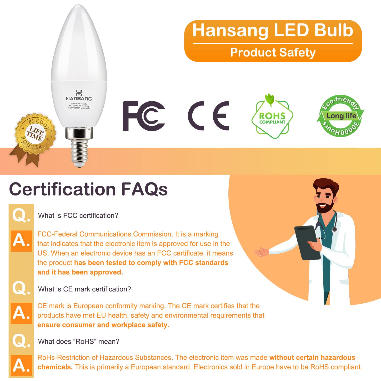 Hansang E12 Led Candelabra Bulbs 3000K Soft White 6W 60Watt Equivalent, B11 Ceiling Fan Light Bulbs Small Base, C37 Type B Light