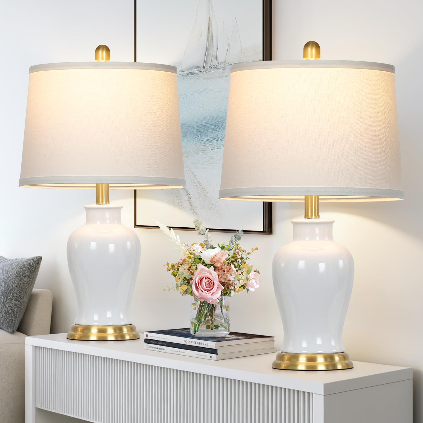 Modern Ceramic Table Lamps Set of 2, 23'' White Ceramic Lamps for Living Room, Rustic Farmhouse Bedside Lamp with Ginger Jar Des