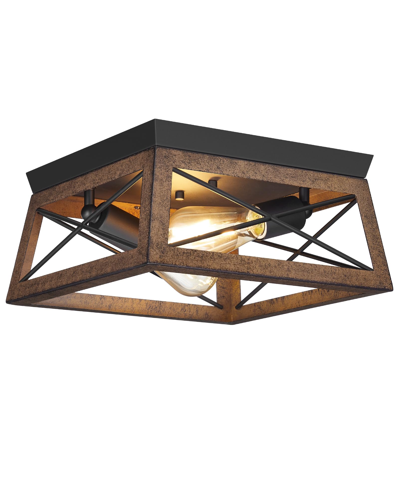 Goebleson Farmhouse Ceiling Light Fixture, Flush Mount Ceiling Light Fixtures, Metal Frame Brown Wood Grain, Rustic 2-Light Kitc