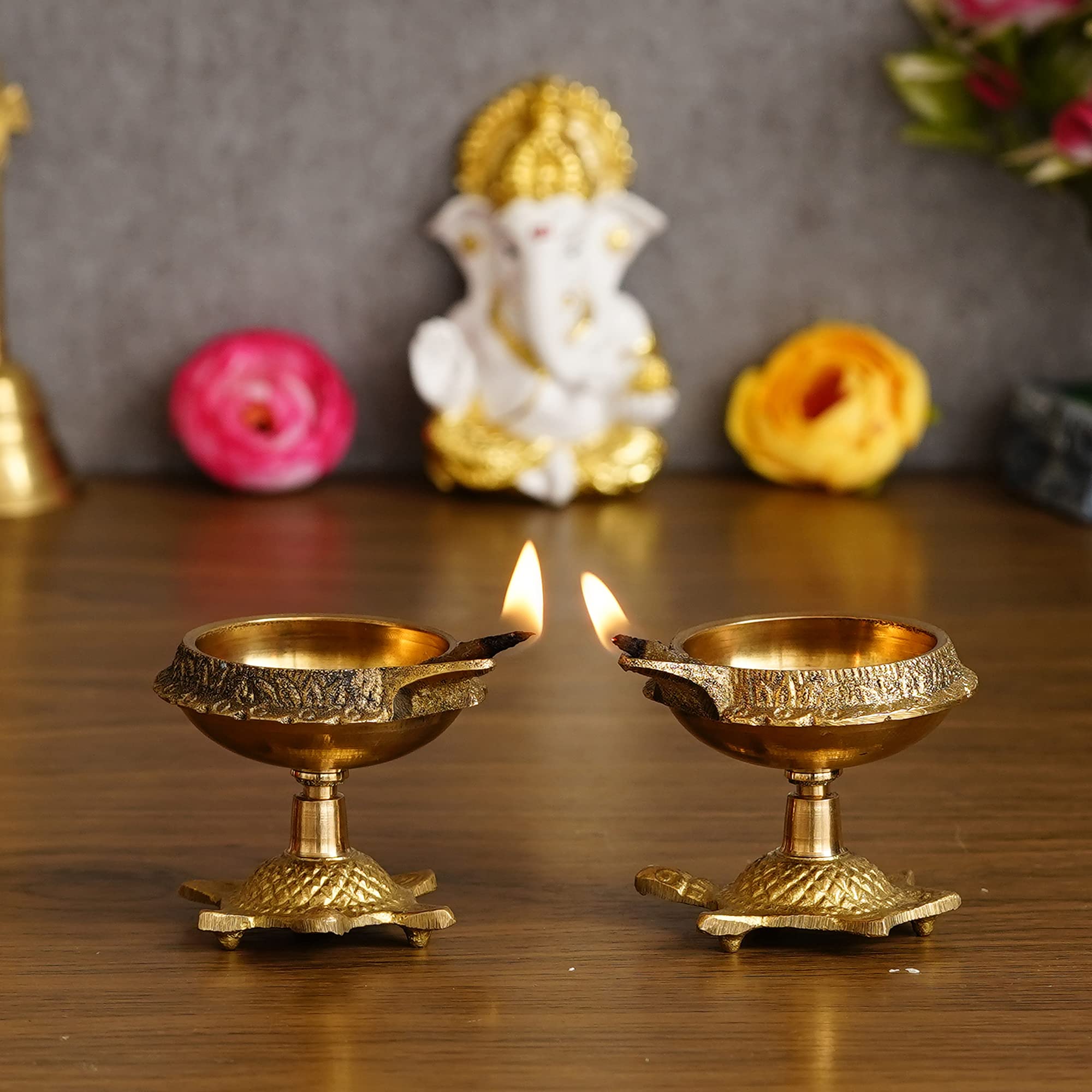 eCraftIndia Set of 2 Golden Handcrafted Decorative Brass Diya with Tortoise Base - Auspicious Stylish Diyas for Puja Room, Home,