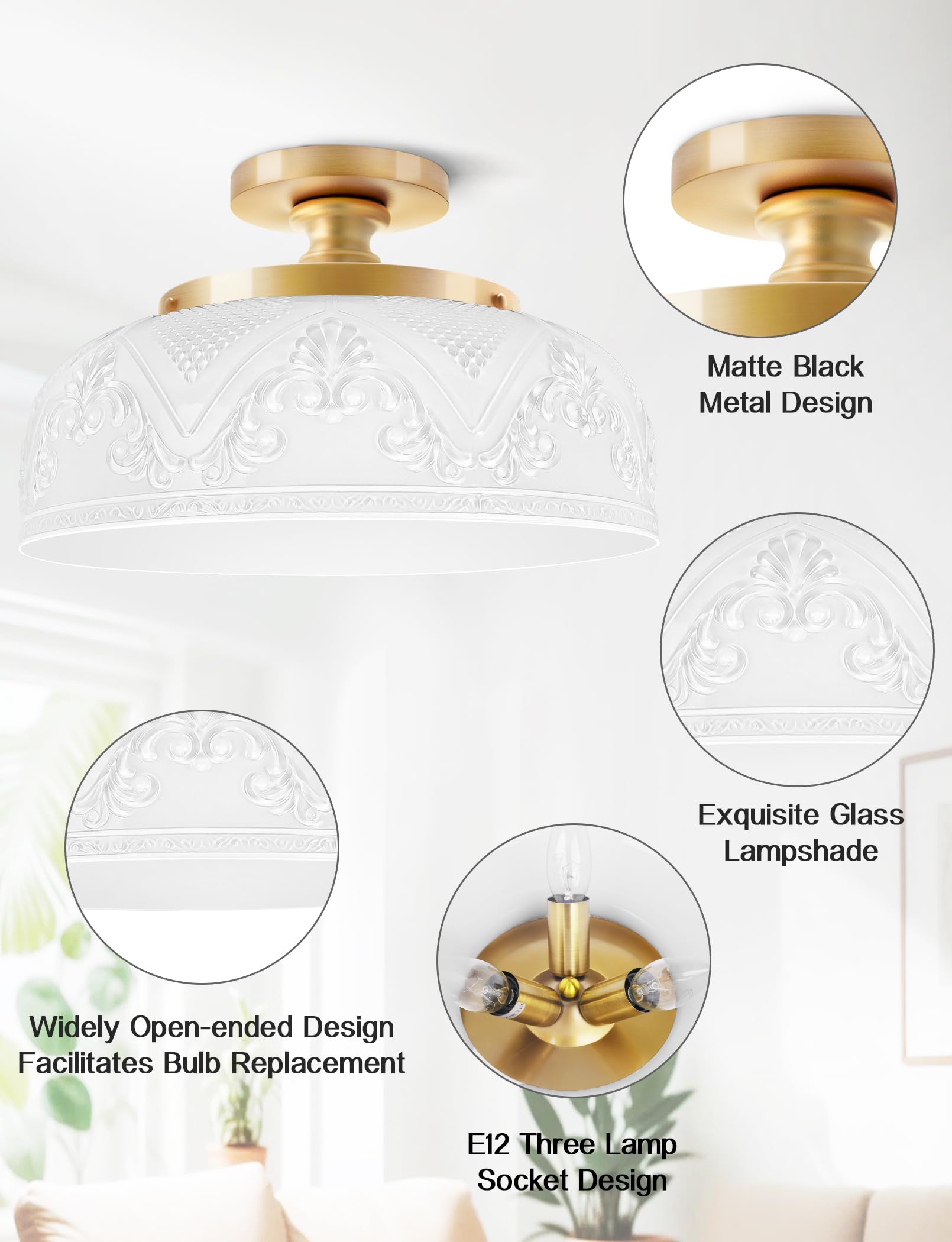 Slypadan Semi Flush Mount Ceiling Light, 12 Inch Large Gold Ceiling Light Fixture, 3-Light Globe White Glass Farmhouse Kitchen L