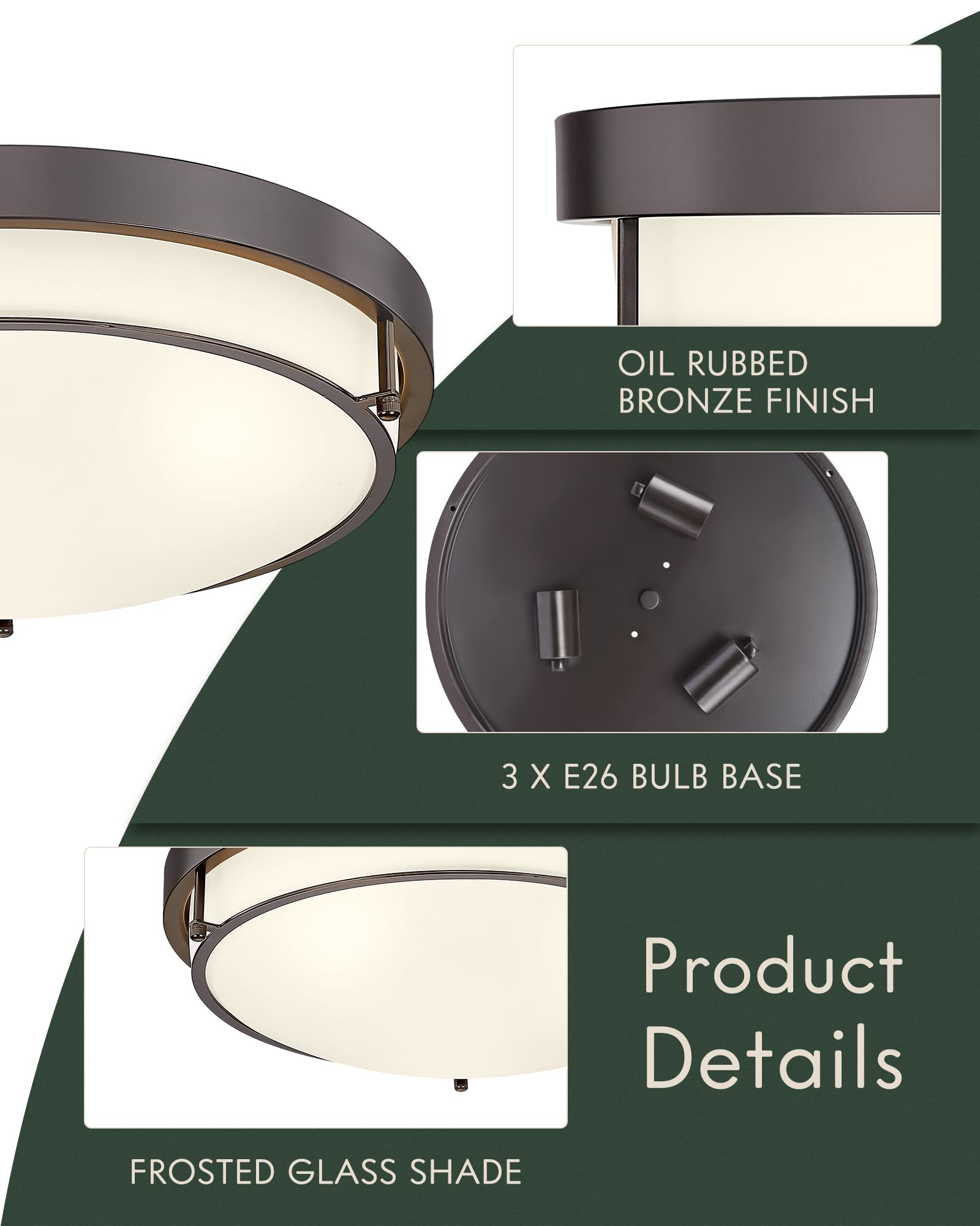 Cargifak 16 Inch Flush Mount Ceiling Light, 3-Light Close To Ceiling Light Fixtures With Oil Rubbed Bronze Finish For Bathroom B