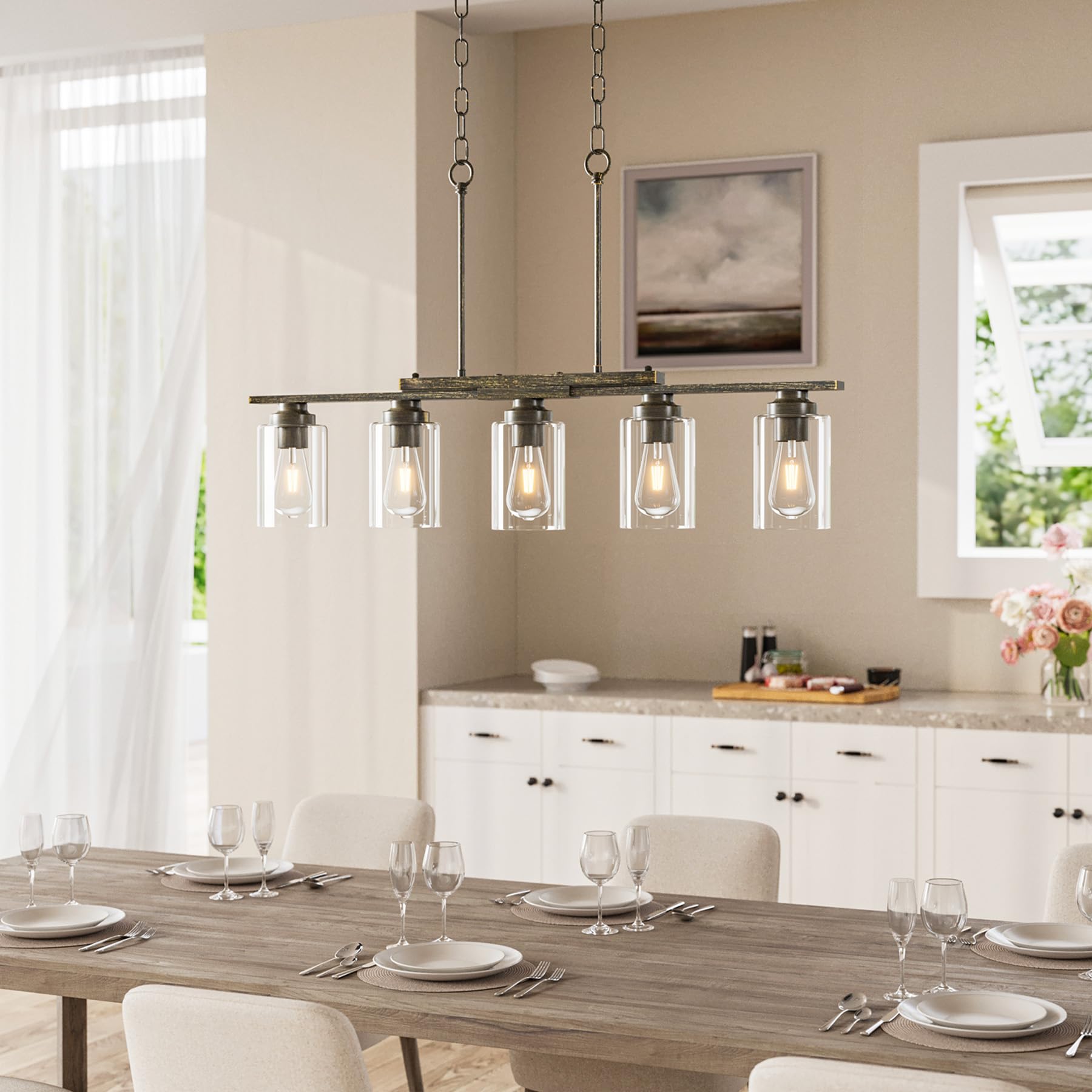 VONLUCE 5-Light Kitchen Island Lighting Fixture, Antique Black Glass Shade, Adjustable Rods, ETL Certified Chandelier for Dining Room