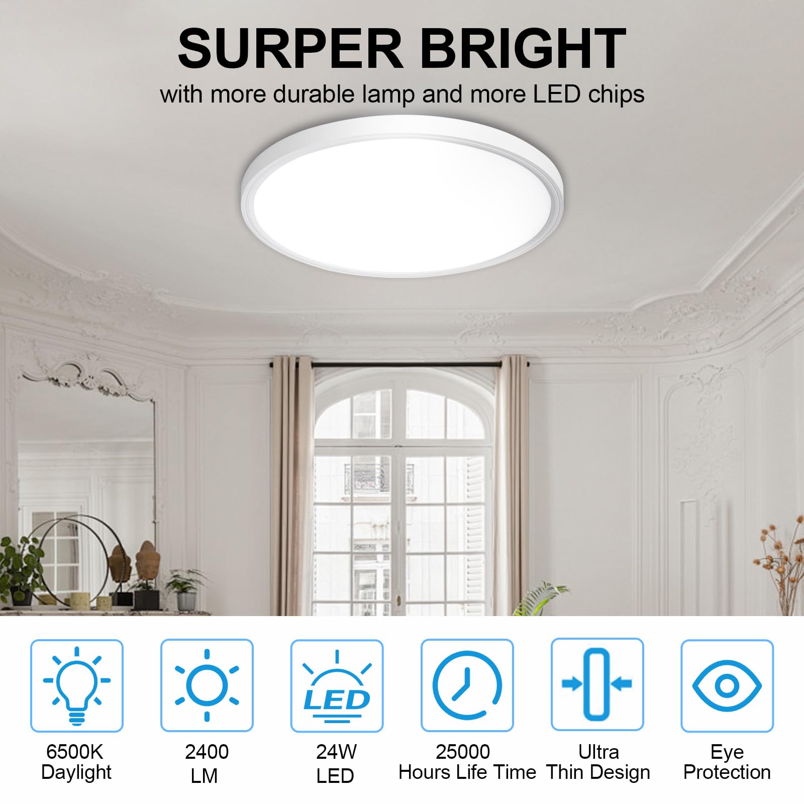 DINGLILIGHTING 6Pack LED Flush Mount Ceiling Light 12" Dimmable 5CCT 24W White Low Profile Lamp for Kitchen, Bedroom, Garage, Hallway