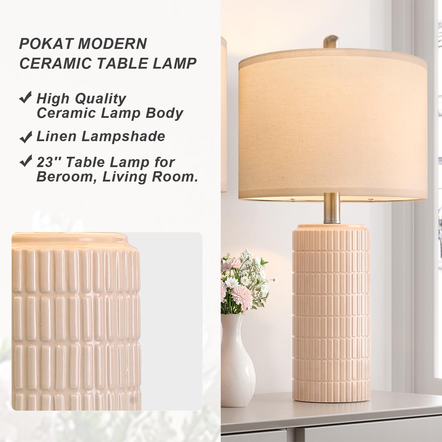 PoKat 23" Pink Ceramic Table Lamps Set of 2, Modern Bedroom & Living Room Decor, Medium Size, Cute Nightstand Lamps