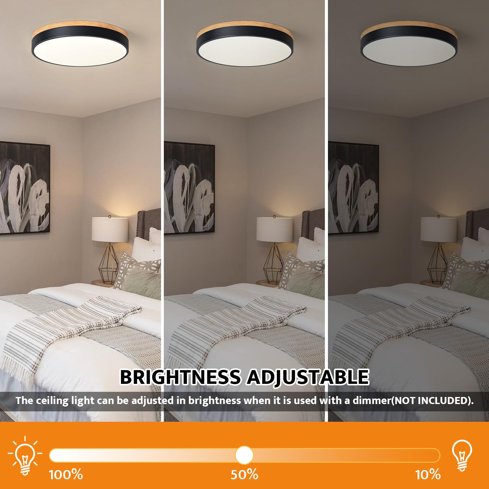 Yiisem Dimmable Wood Led Flush Mount Ceiling Light, 5Cct 2700K-6000K Modern Black Close To Ceiling Lighting Fixtures, Minimalist