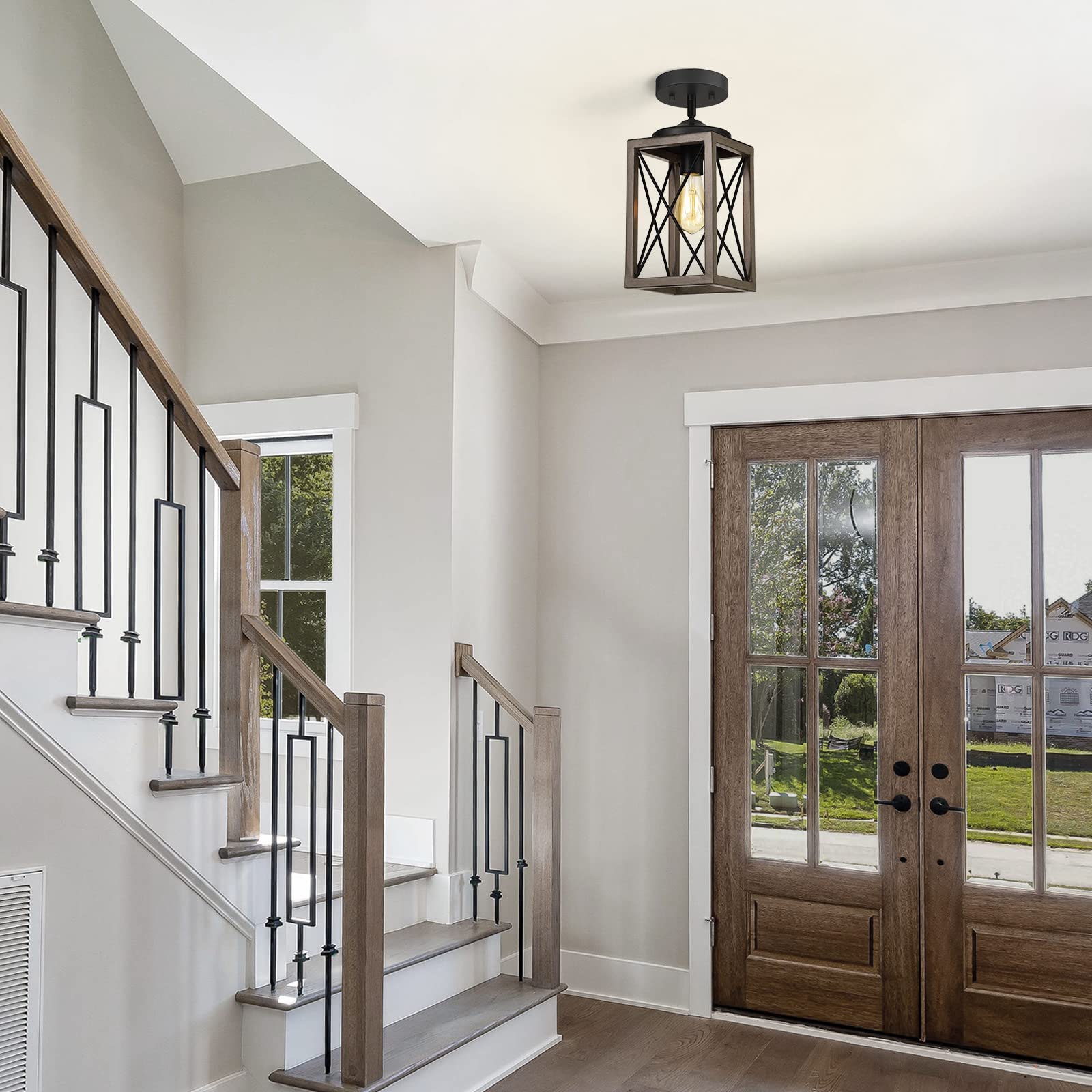 Dewenwils Pendant Light Fixtures, Metal Hanging Light Fixture With Wooden Grain Finish, 48 Inch Adjustable Pipes For Flat And Sl