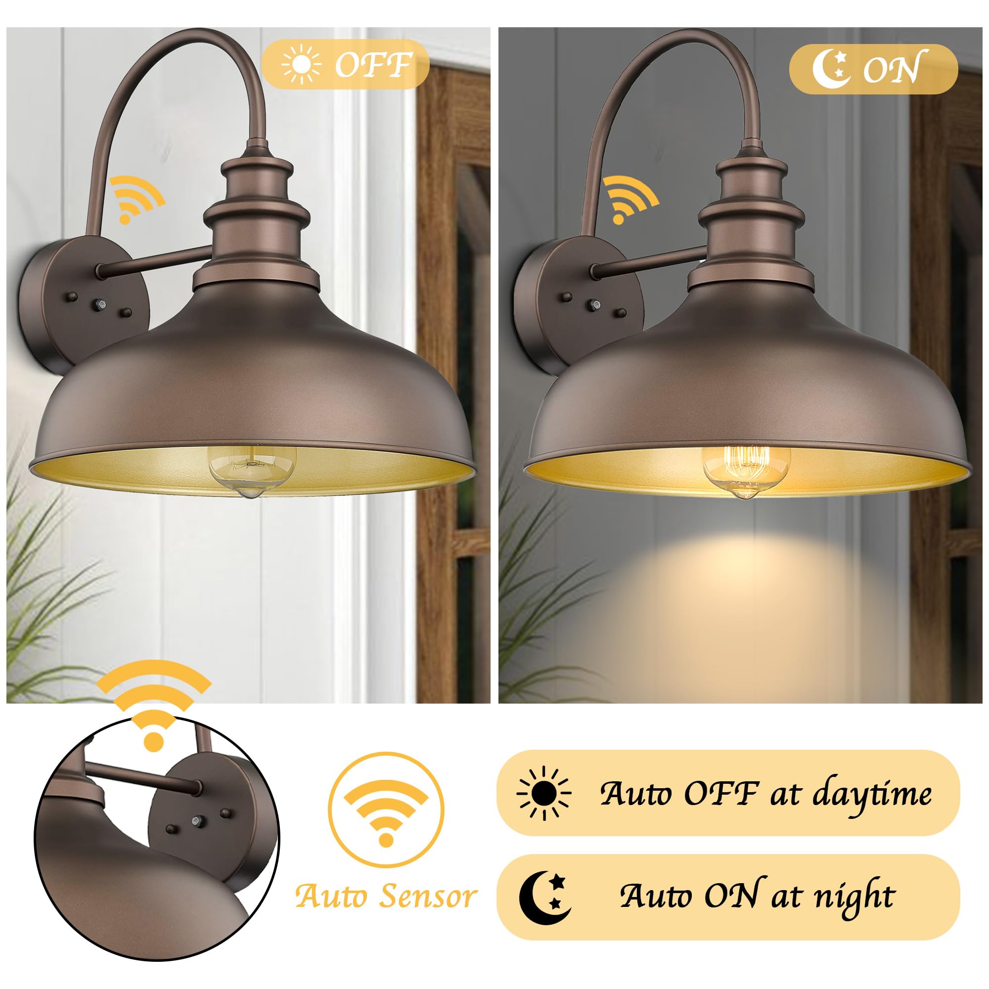 Bestshared Gooseneck Barn Light - Dusk to Dawn Sensor, Metal, Orb Gold, 2 Pack, Model BSDDV260-NE