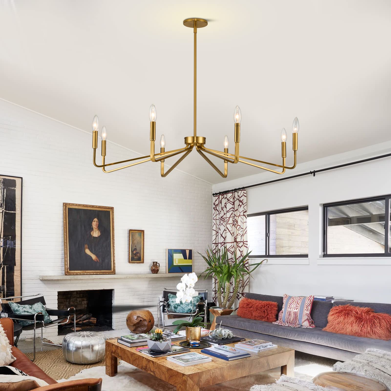 ACANER 38" Gold 8-Light Modern Farmhouse Chandelier, Brushed Brass Metal Ceiling Fixture for Dining Room, Living Room, Kitchen Island
