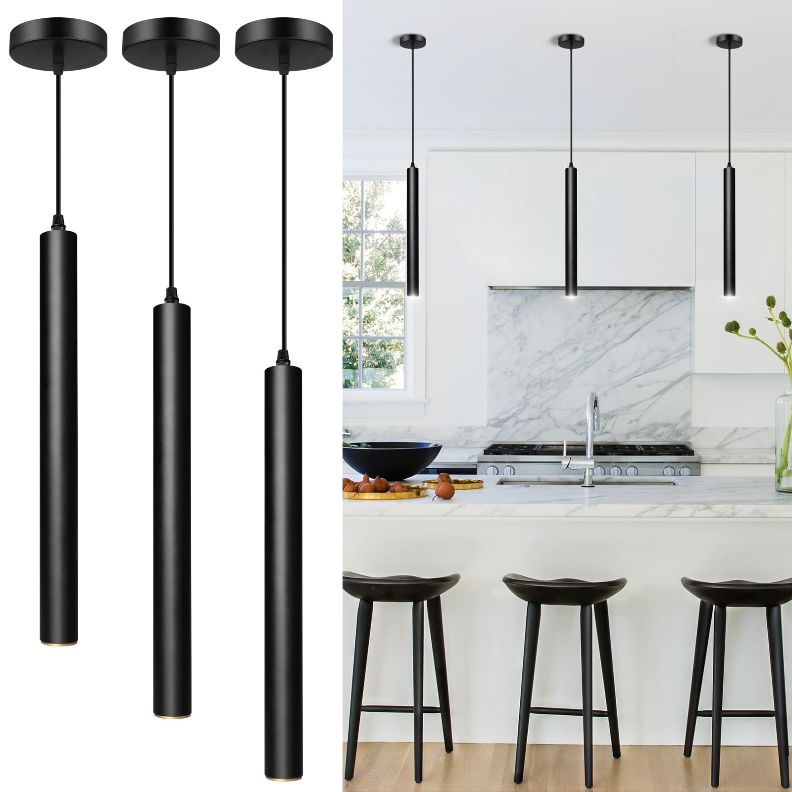 OKELI Modern Pendant Lights, Black Pendant Light Fixture, LED Minimalist Strip Pendant Lighting for Kitchen Island Bar,15inch,40