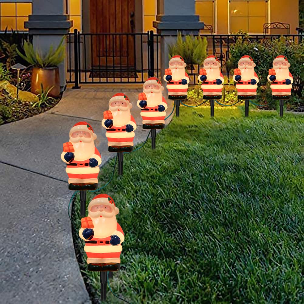 GOOTHY Santa Christmas Pathway Stakes Lights, 14FT Connectable Outdoor String Lights, 8 Santa Claus Markers, Plastic