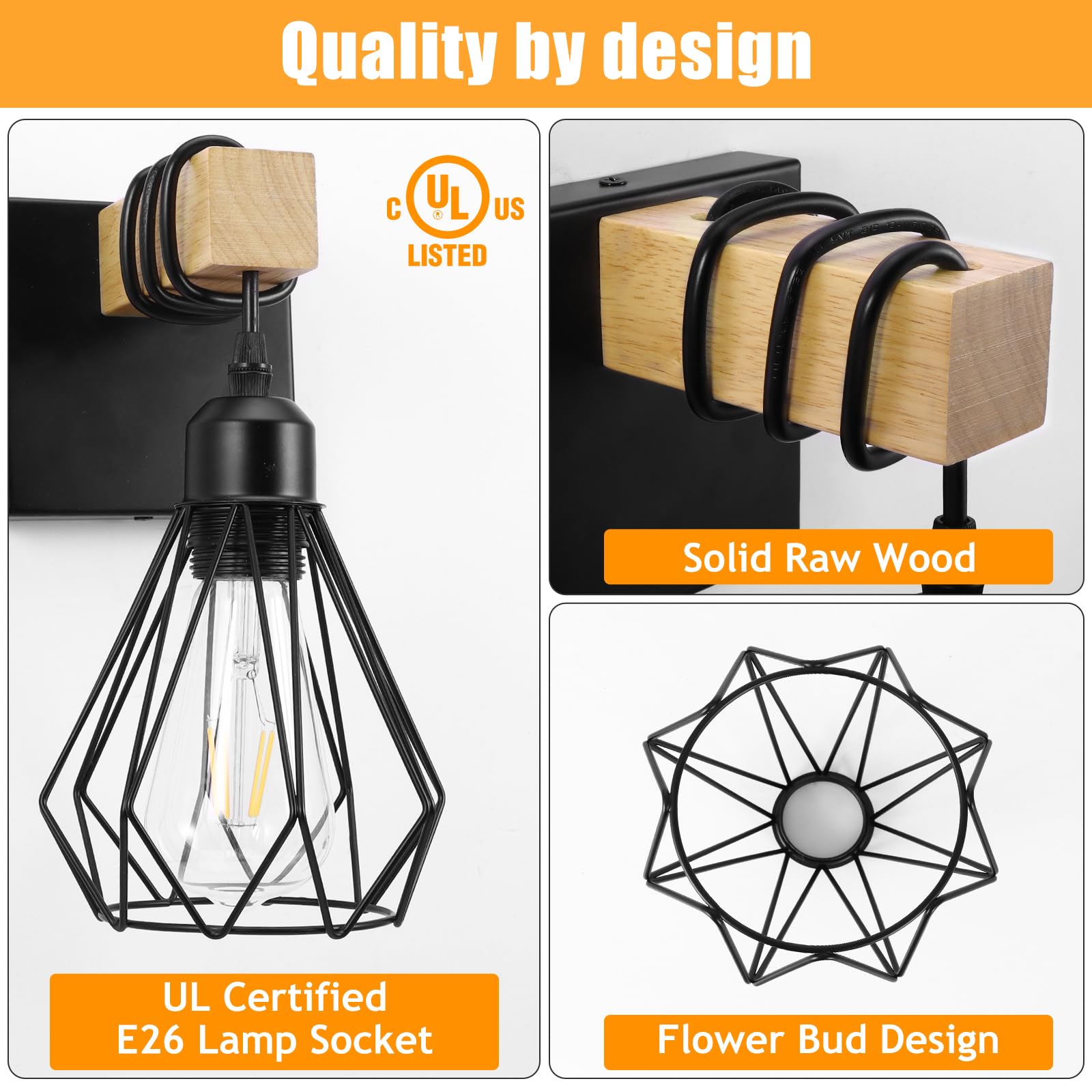 Farmhouse Bathroom Vanity Light Fixtures, 4-Light Wood Bathroom Light Fixtures Over Mirror, Black Rustic Sconces Wall Lighting W